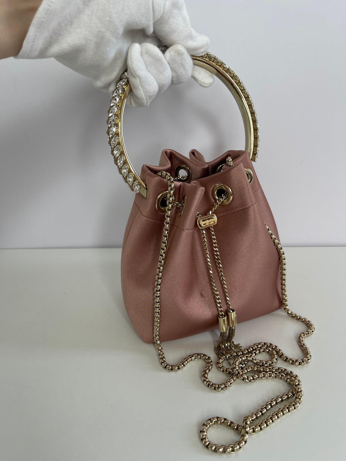 Jimmy Choo Satin Crystal Embellished Top Handle Bon Bon Bag