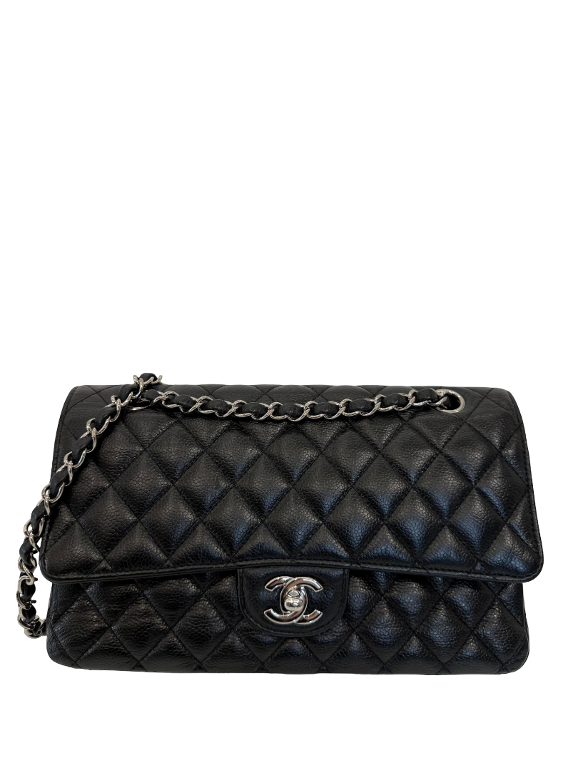 Chanel Classic Medium Double Flap Bag Black Caviar Silver Hardware
