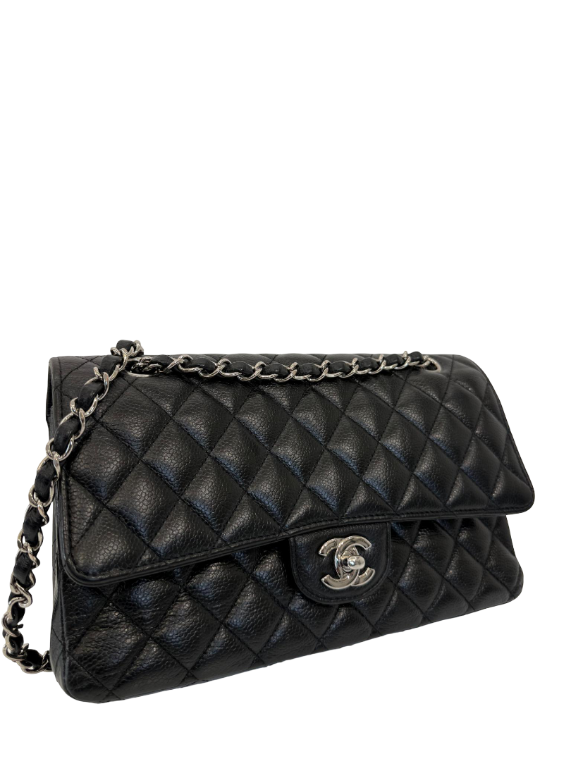 Chanel Classic Medium Double Flap Bag Black Caviar Silver Hardware