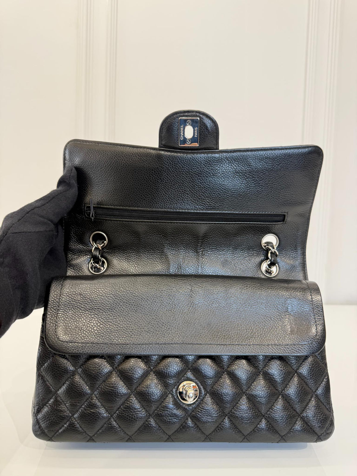Chanel Classic Medium Double Flap Bag Black Caviar Silver Hardware