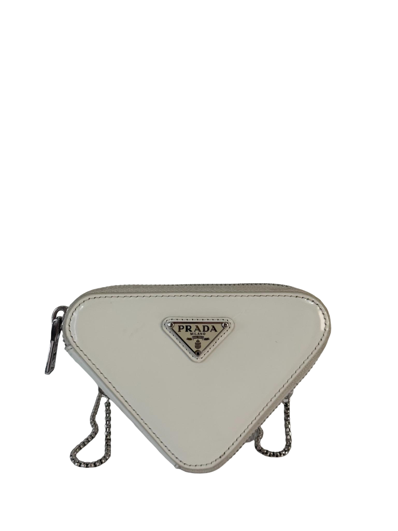 Prada White Brushed Leather Triangle Mini Chain Shoulder Bag