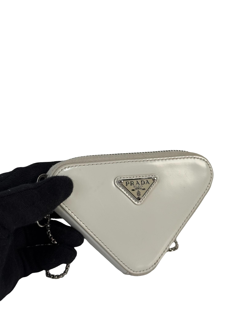 Prada White Brushed Leather Triangle Mini Chain Shoulder Bag