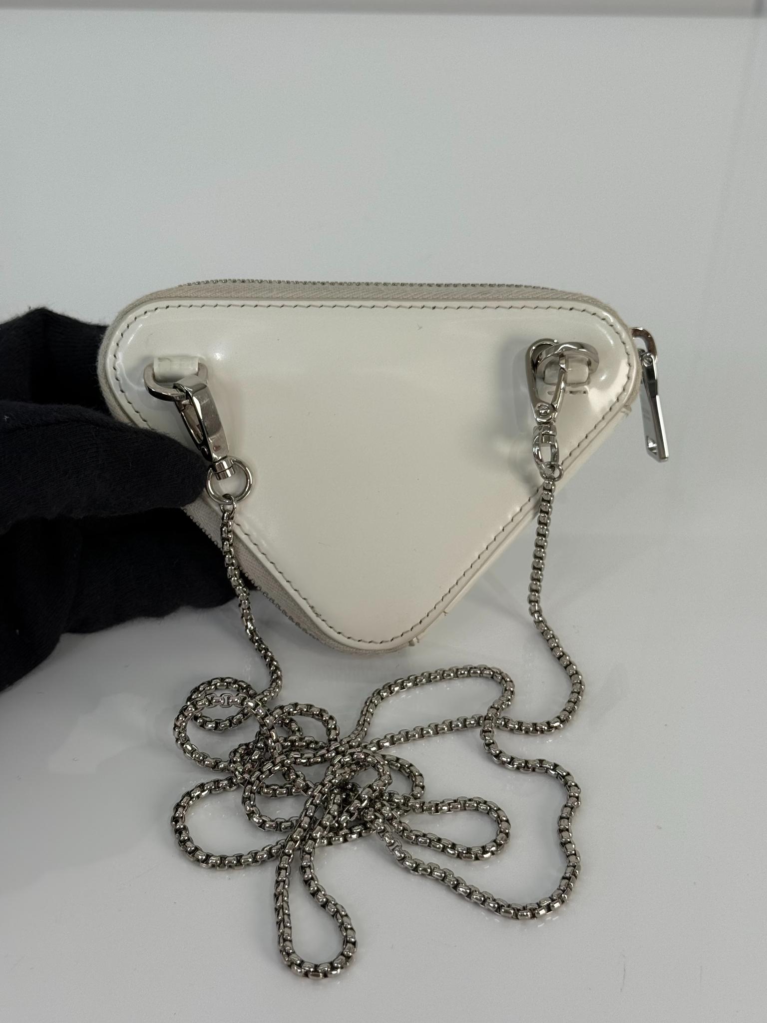 Prada White Brushed Leather Triangle Mini Chain Shoulder Bag