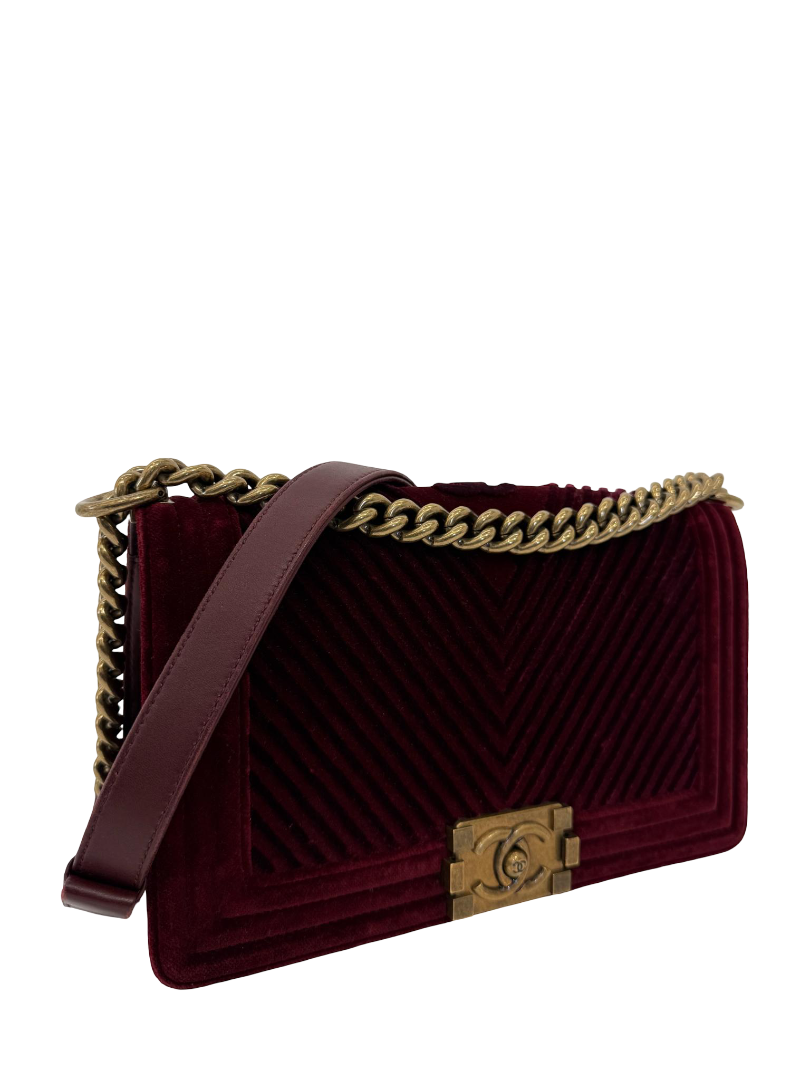 Chanel Small Boy Flap Burgundy Velvet Chevron Quilted Bag