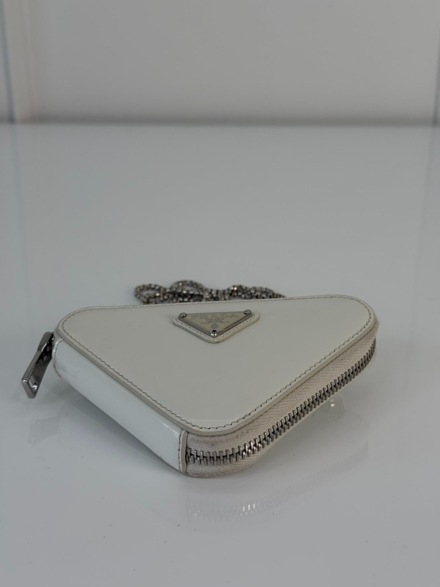 Prada White Brushed Leather Triangle Mini Chain Shoulder Bag