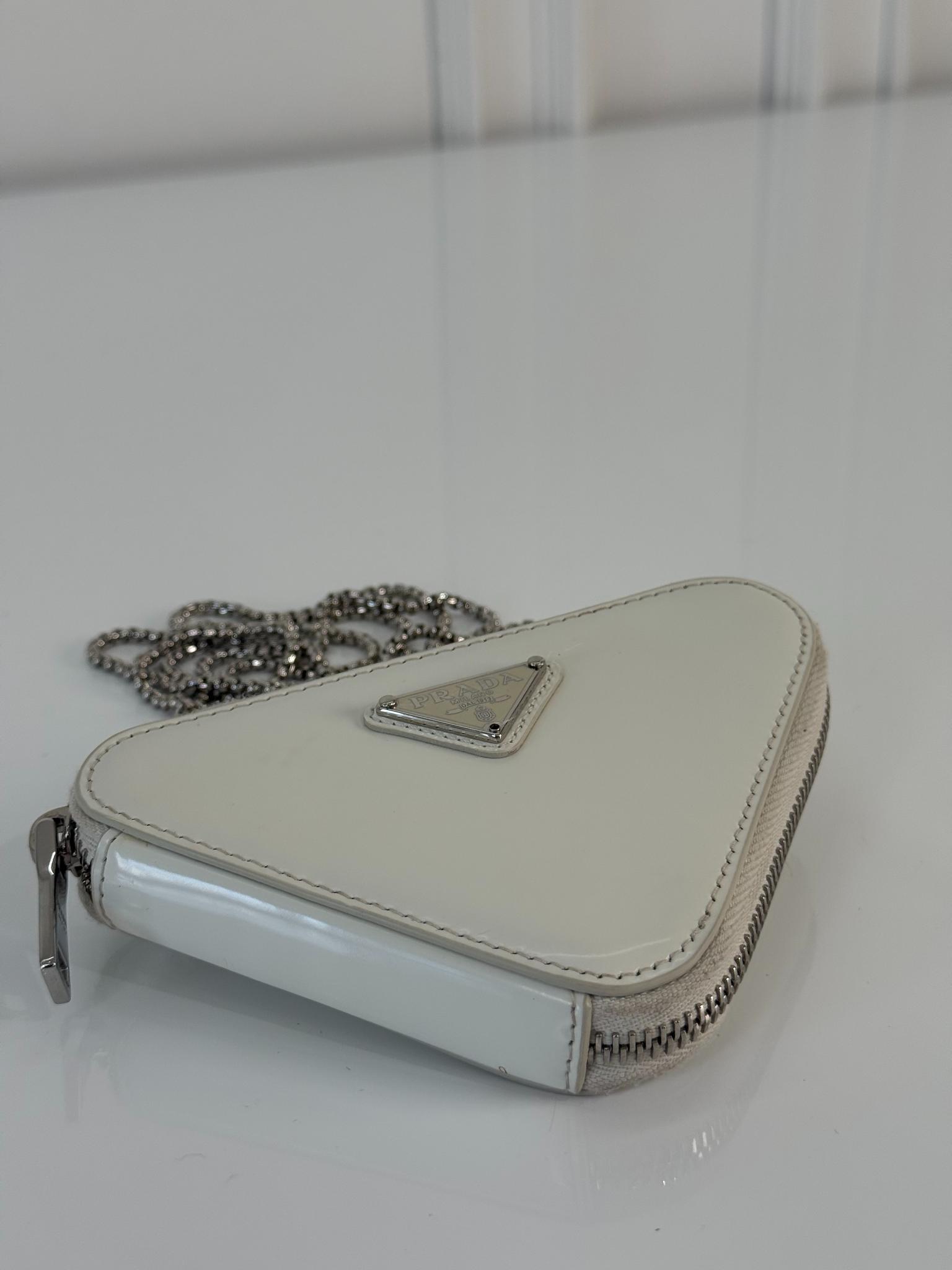 Prada White Brushed Leather Triangle Mini Chain Shoulder Bag