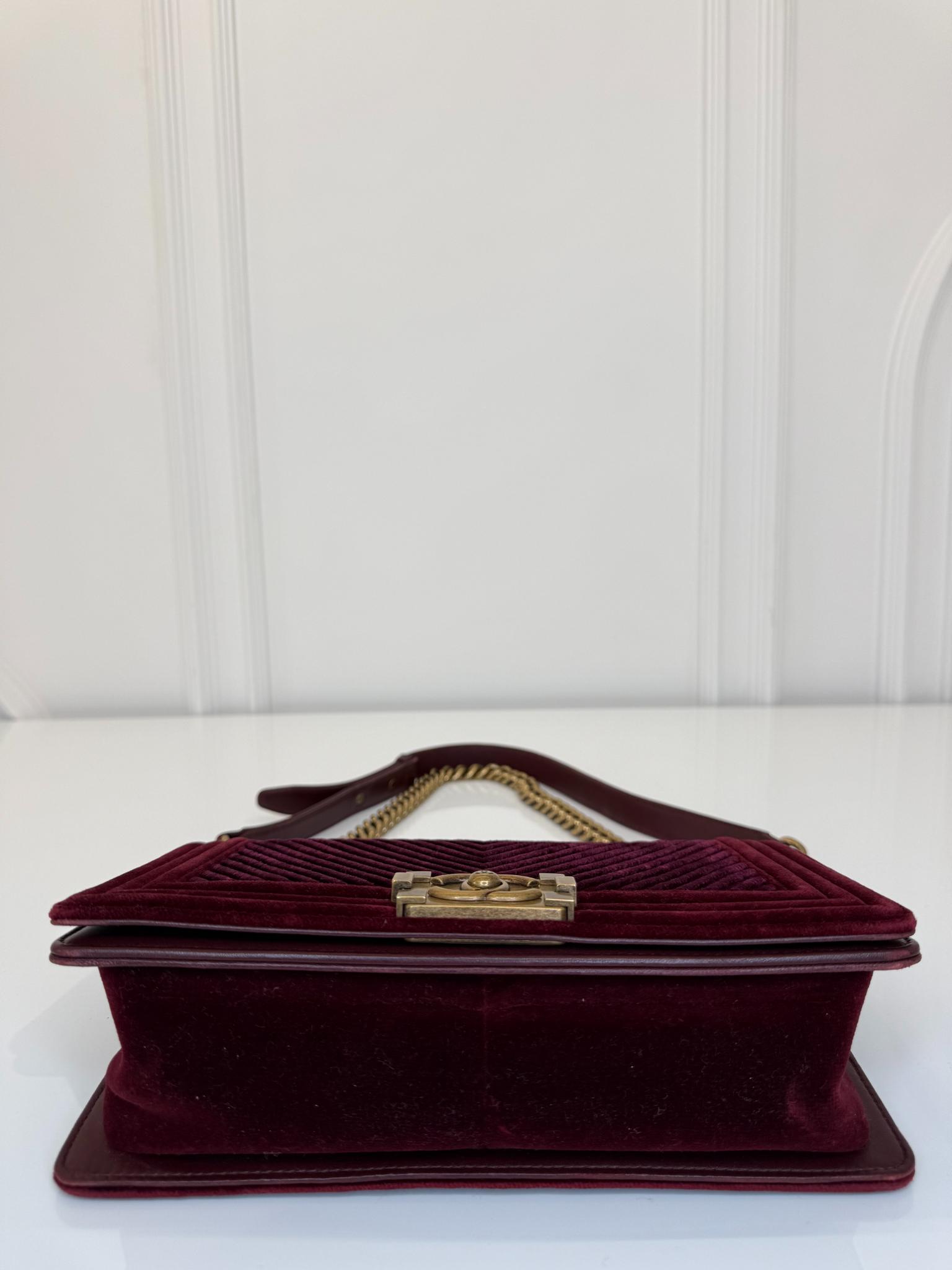 Chanel Small Boy Flap Burgundy Velvet Chevron Quilted Bag