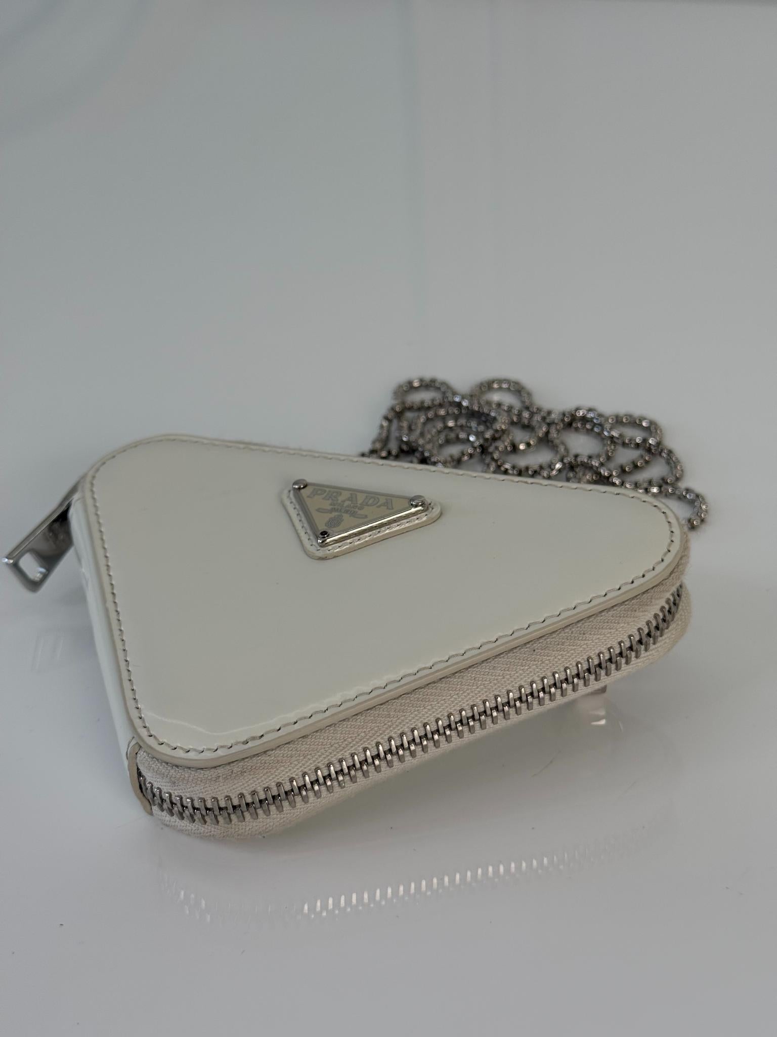 Prada White Brushed Leather Triangle Mini Chain Shoulder Bag