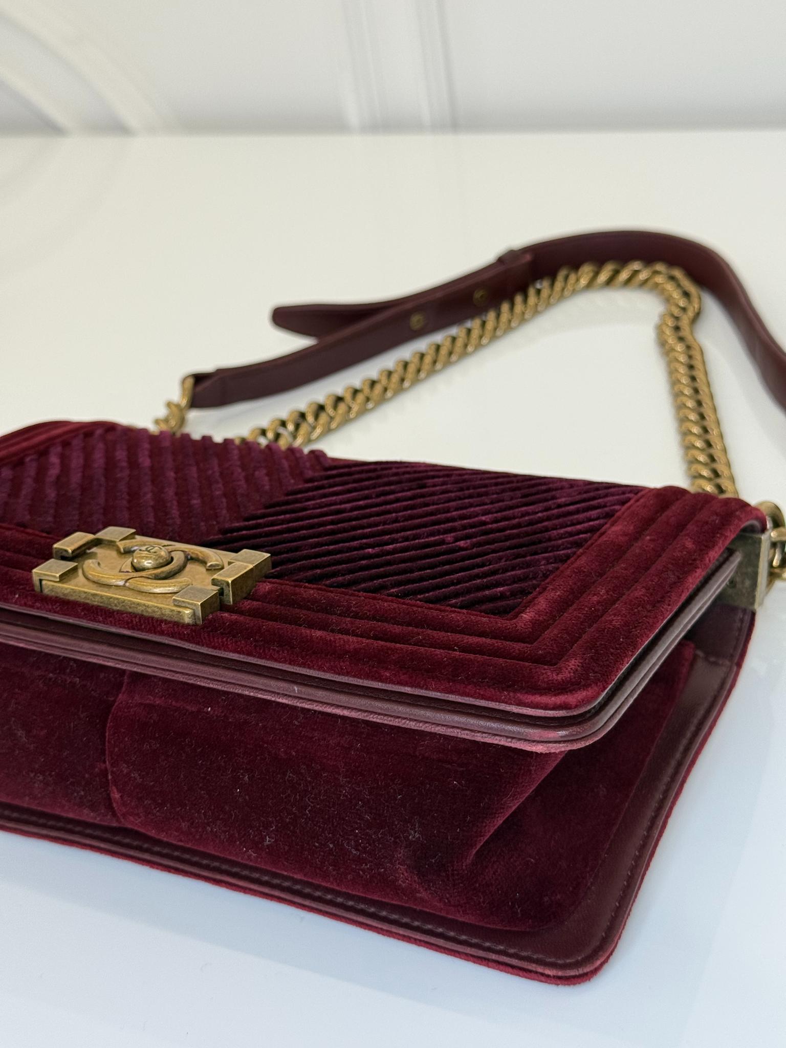 Chanel Small Boy Flap Burgundy Velvet Chevron Quilted Bag