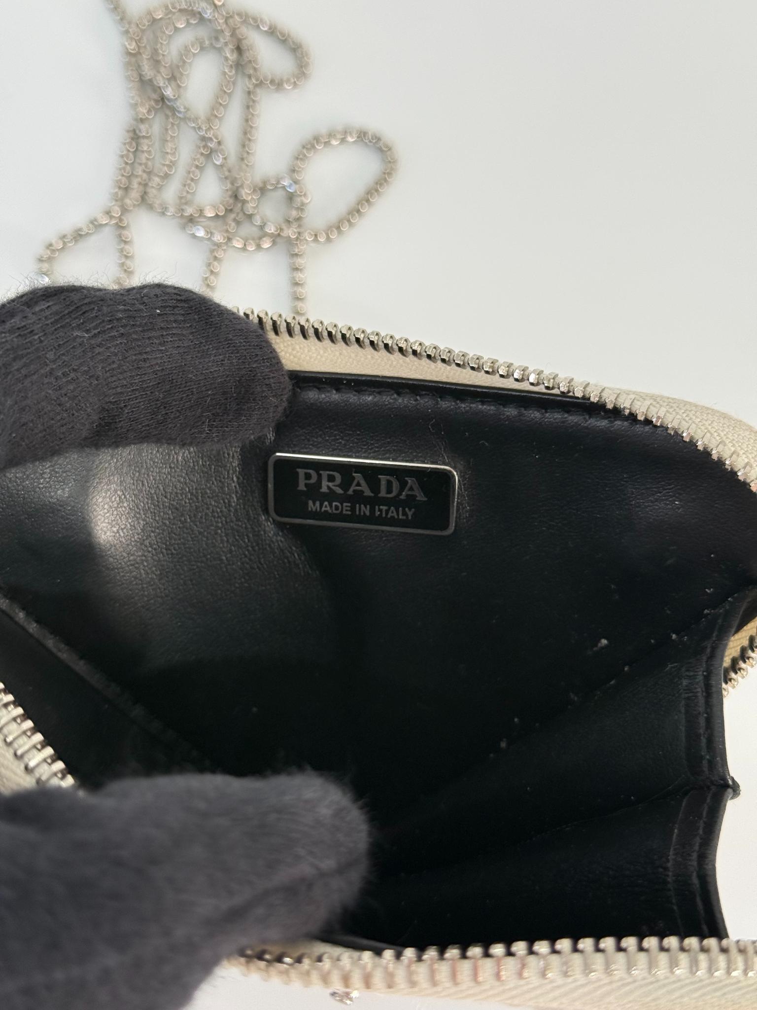 Prada White Brushed Leather Triangle Mini Chain Shoulder Bag