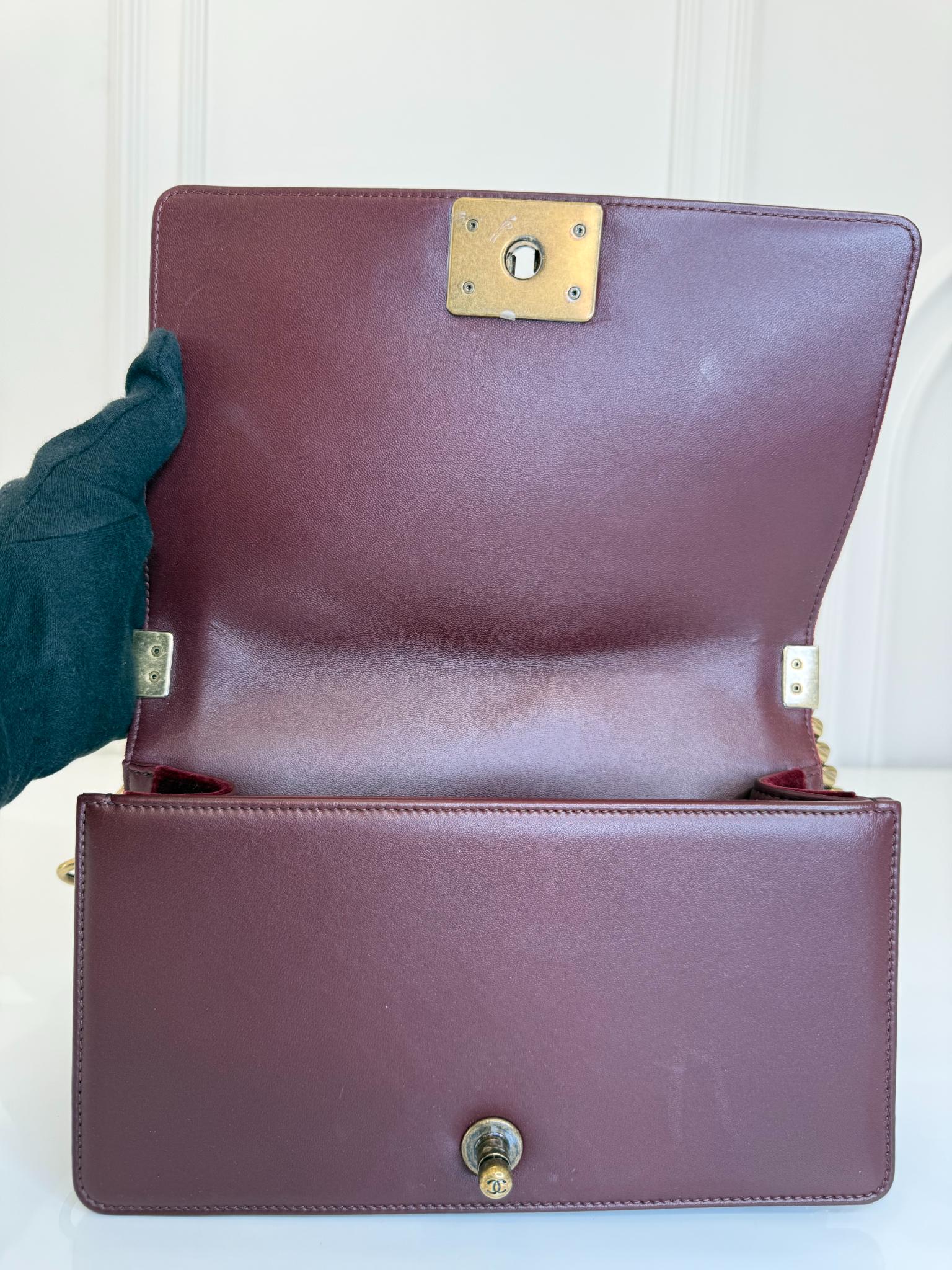 Chanel Small Boy Flap Burgundy Velvet Chevron Quilted Bag