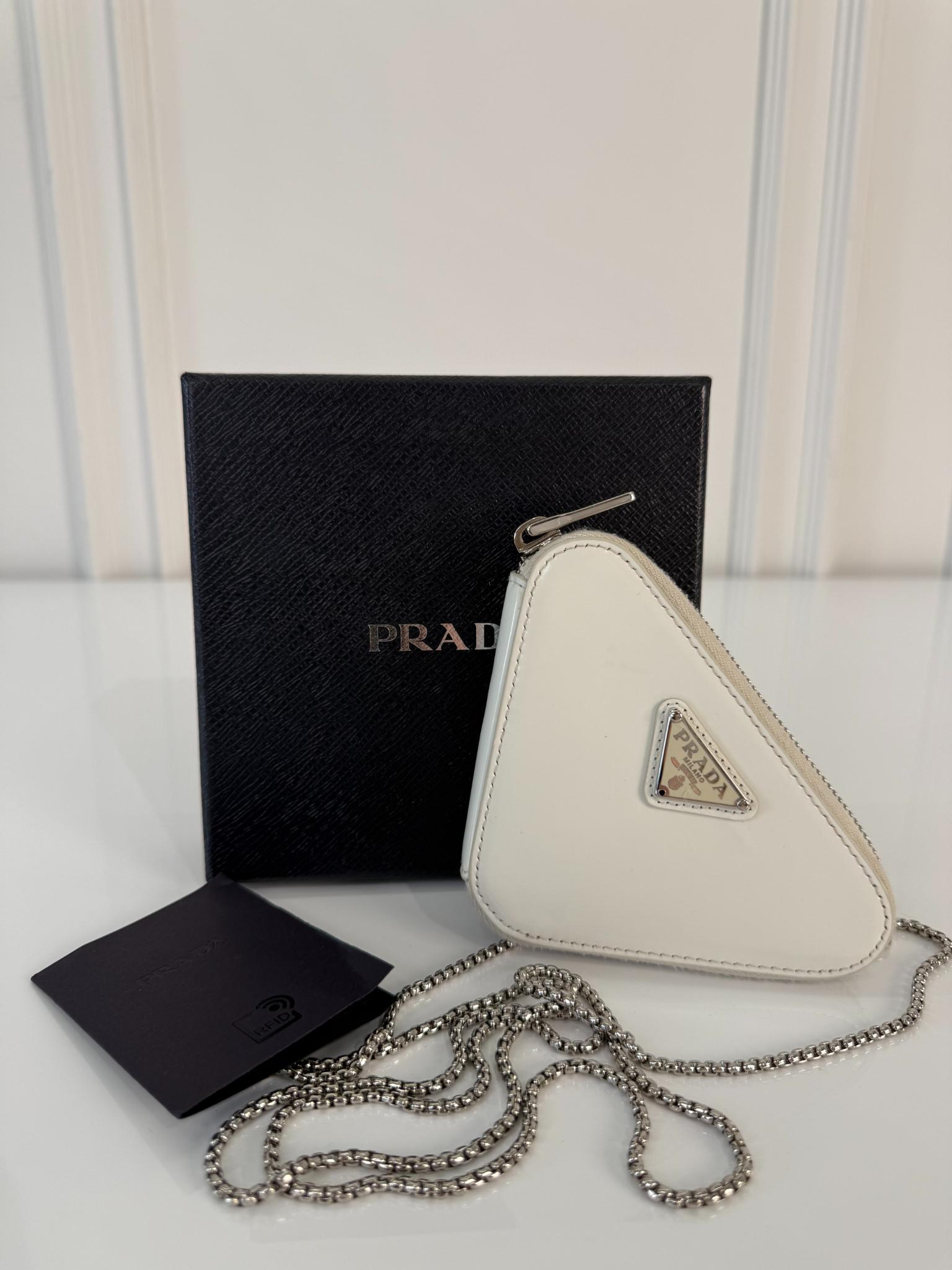 Prada White Brushed Leather Triangle Mini Chain Shoulder Bag