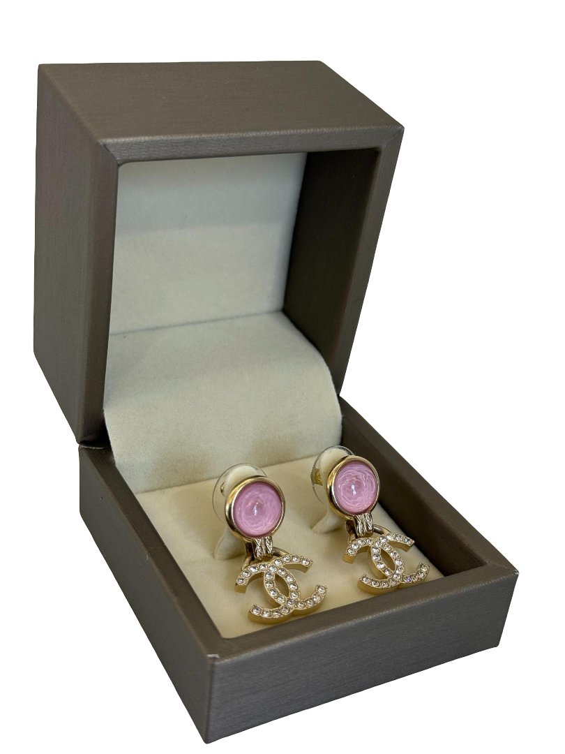 Chanel CC Logo Pink Resin Top Rhinestone Gold-Tone Earrings