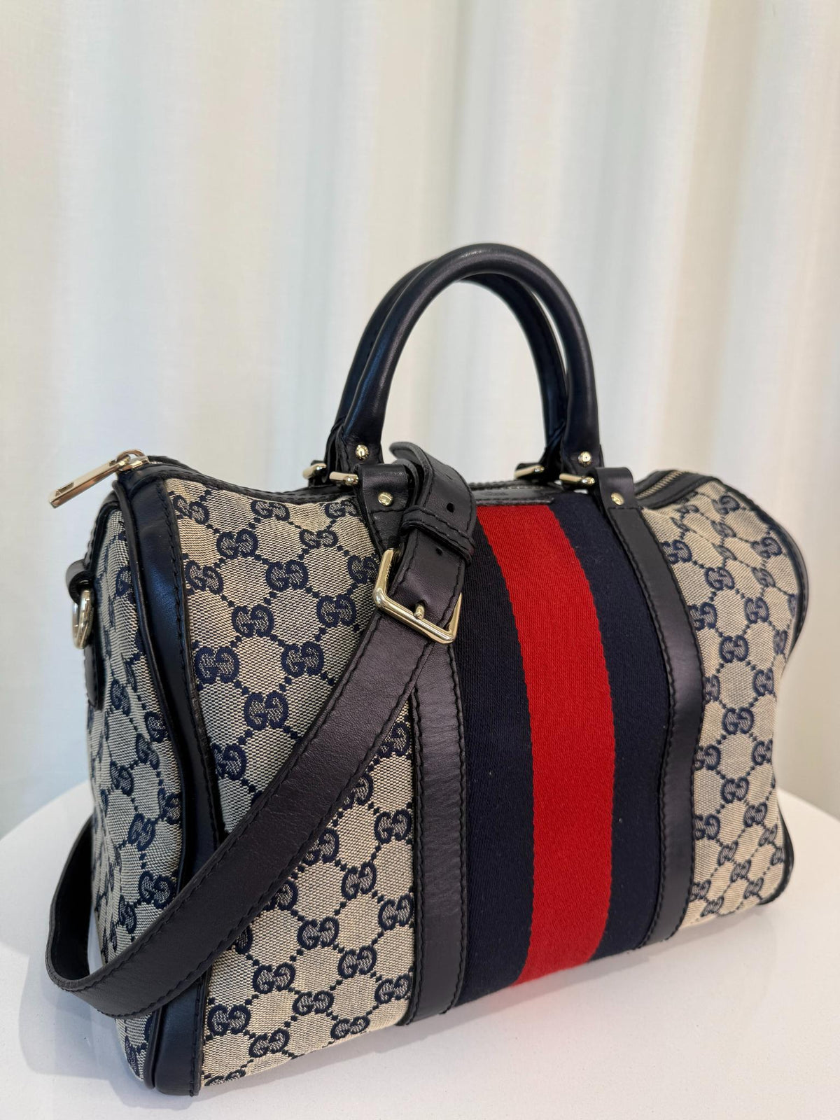 Gucci Blue GG Canvas Vintage Web Medium Boston Bag