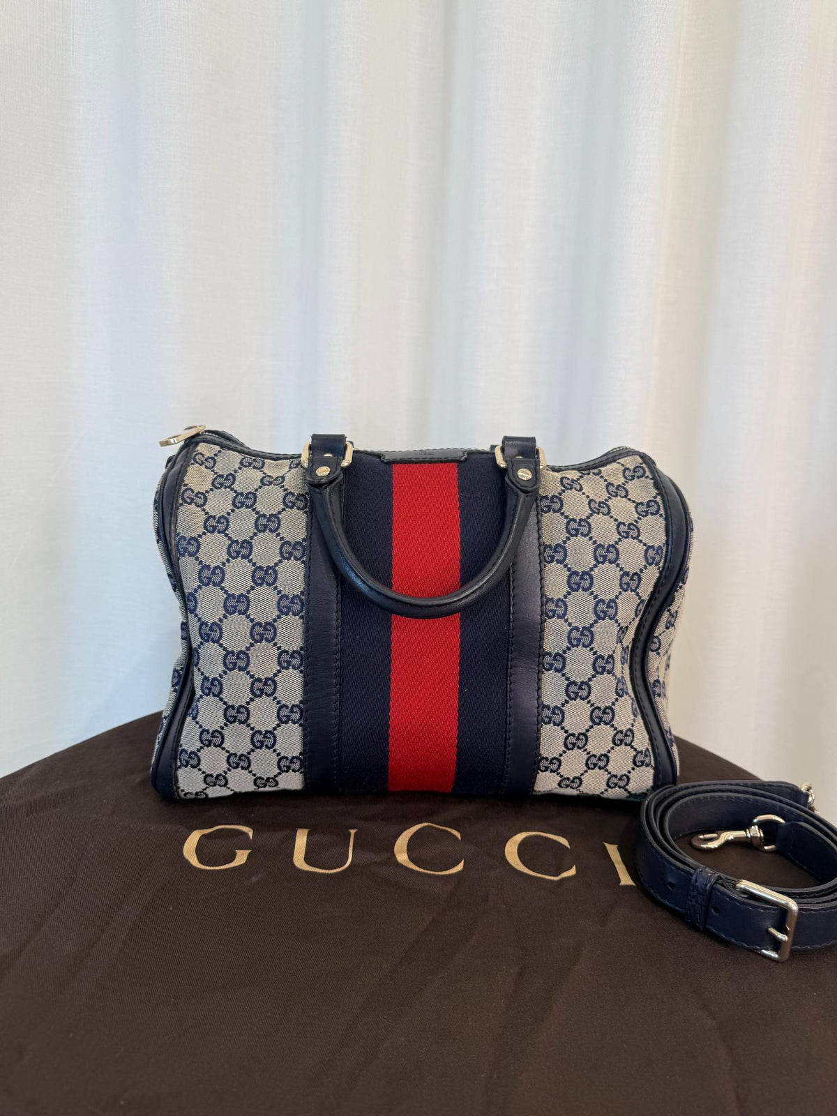 Gucci Blue GG Canvas Vintage Web Medium Boston Bag