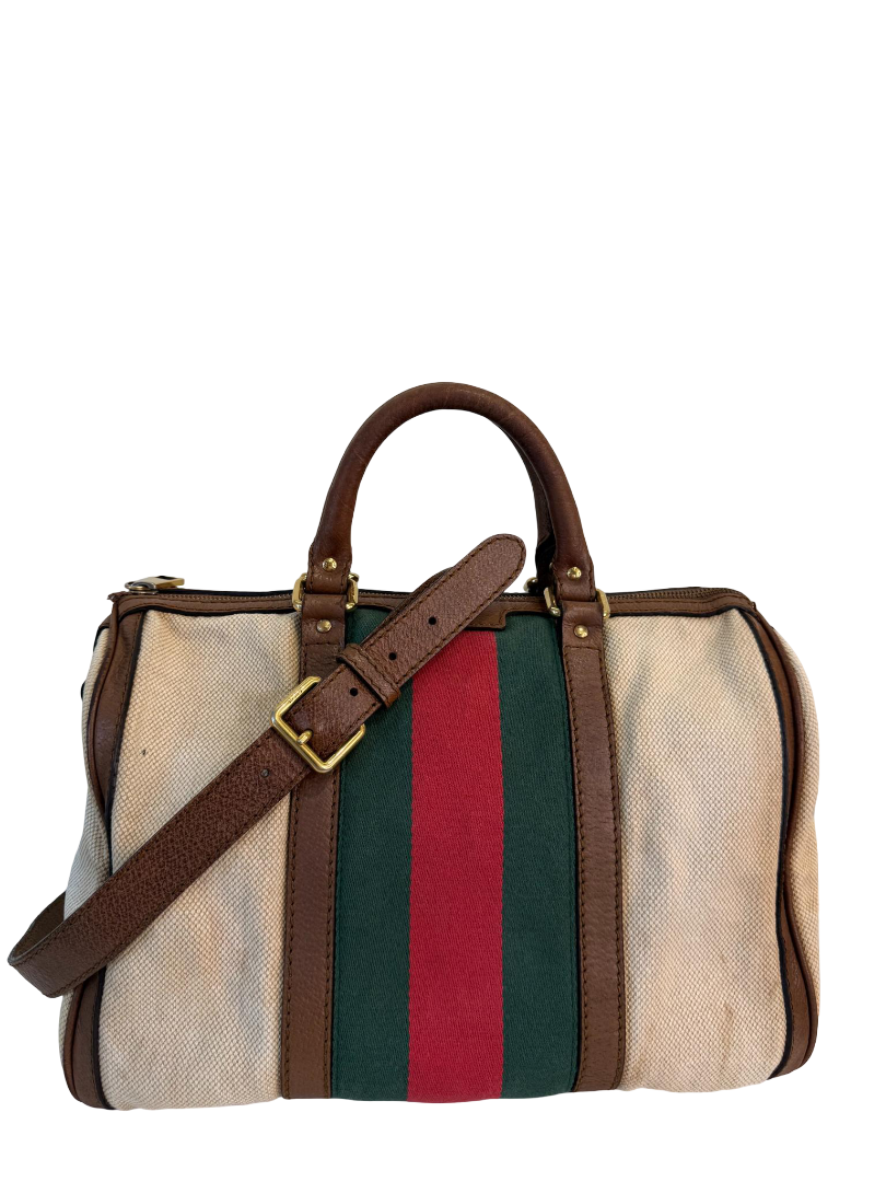 Gucci Brown/Tan Canvas Medium Vintage Web Boston Bag