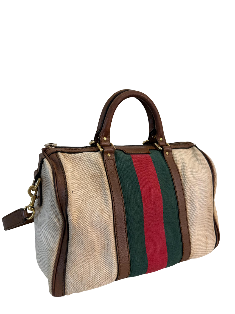 Gucci Brown/Tan Canvas Medium Vintage Web Boston Bag