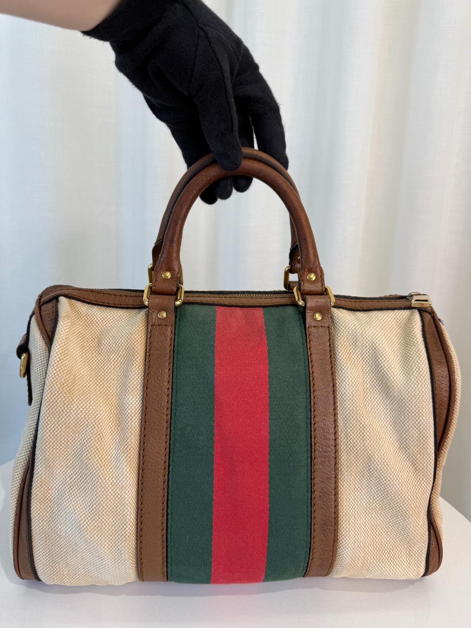 Gucci Brown/Tan Canvas Medium Vintage Web Boston Bag