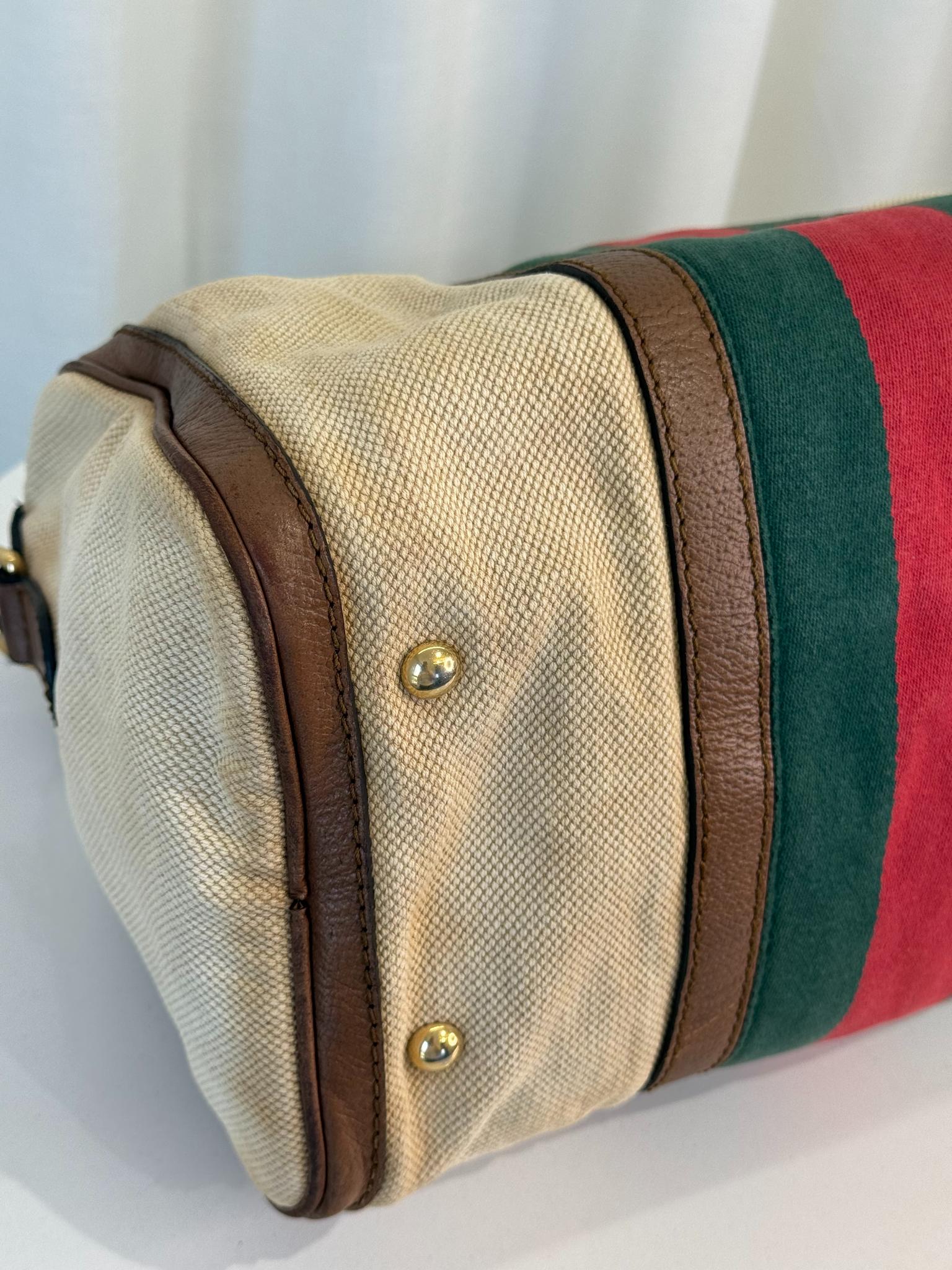Gucci Brown/Tan Canvas Medium Vintage Web Boston Bag