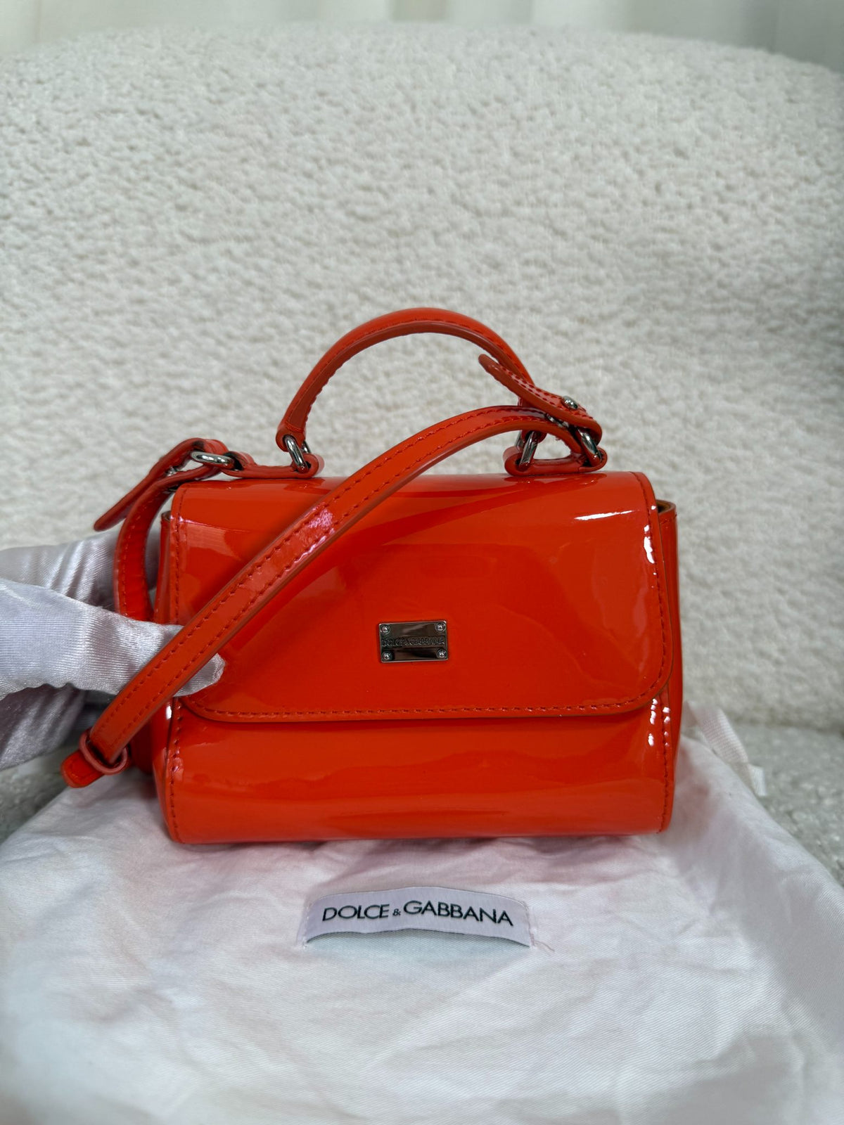 Dolce Gabbana Orange Patent Leather Bambino Miss Sicily Top Handle Bag