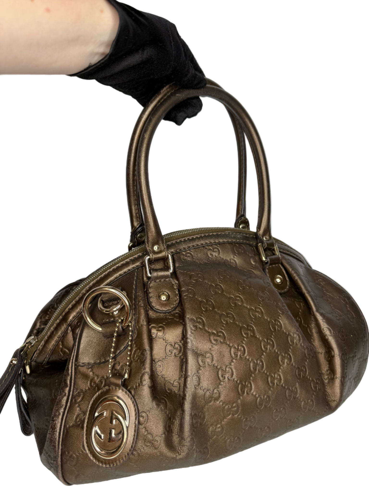 Gucci Brown/Bronze Embossed Guccissima Leather Sukey Medium Boston Bag