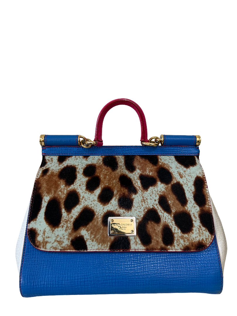 Dolce Gabbana Medium Miss Sicily Leopard Calf Hair Blue Leather Top Handle