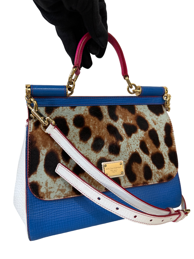 Dolce Gabbana Medium Miss Sicily Leopard Calf Hair Blue Leather Top Handle