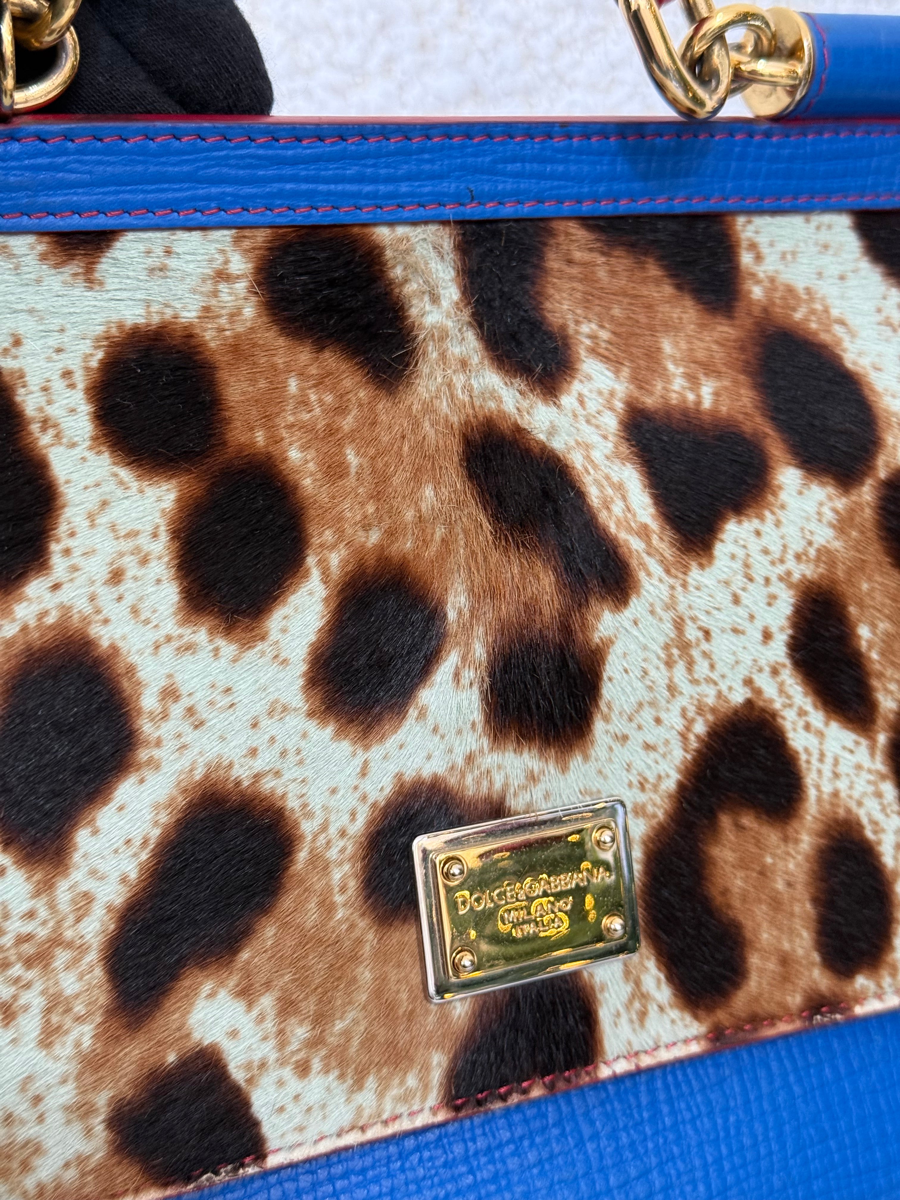 Dolce Gabbana Medium Miss Sicily Leopard Calf Hair Blue Leather Top Handle