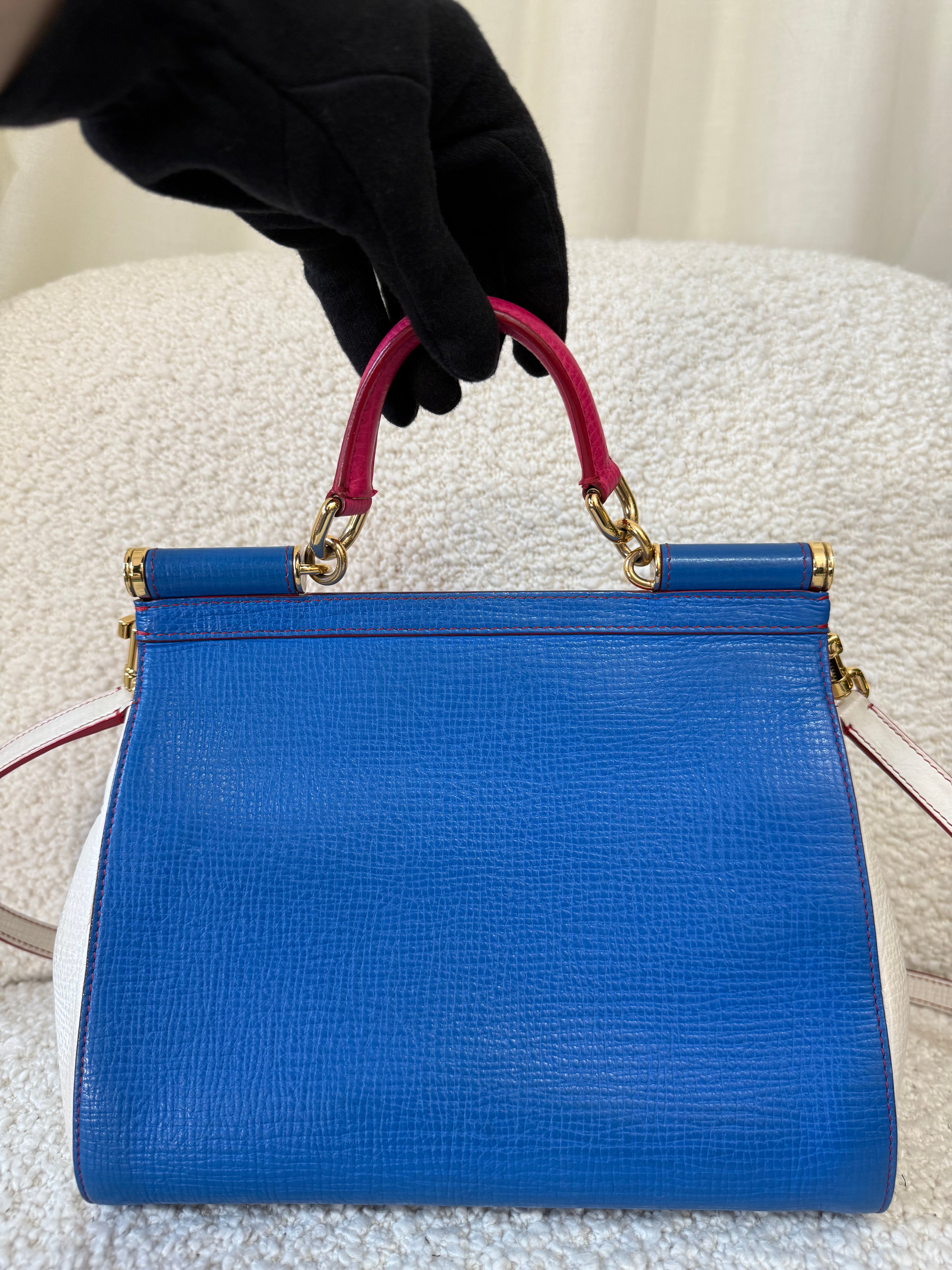 Dolce Gabbana Medium Miss Sicily Leopard Calf Hair Blue Leather Top Handle