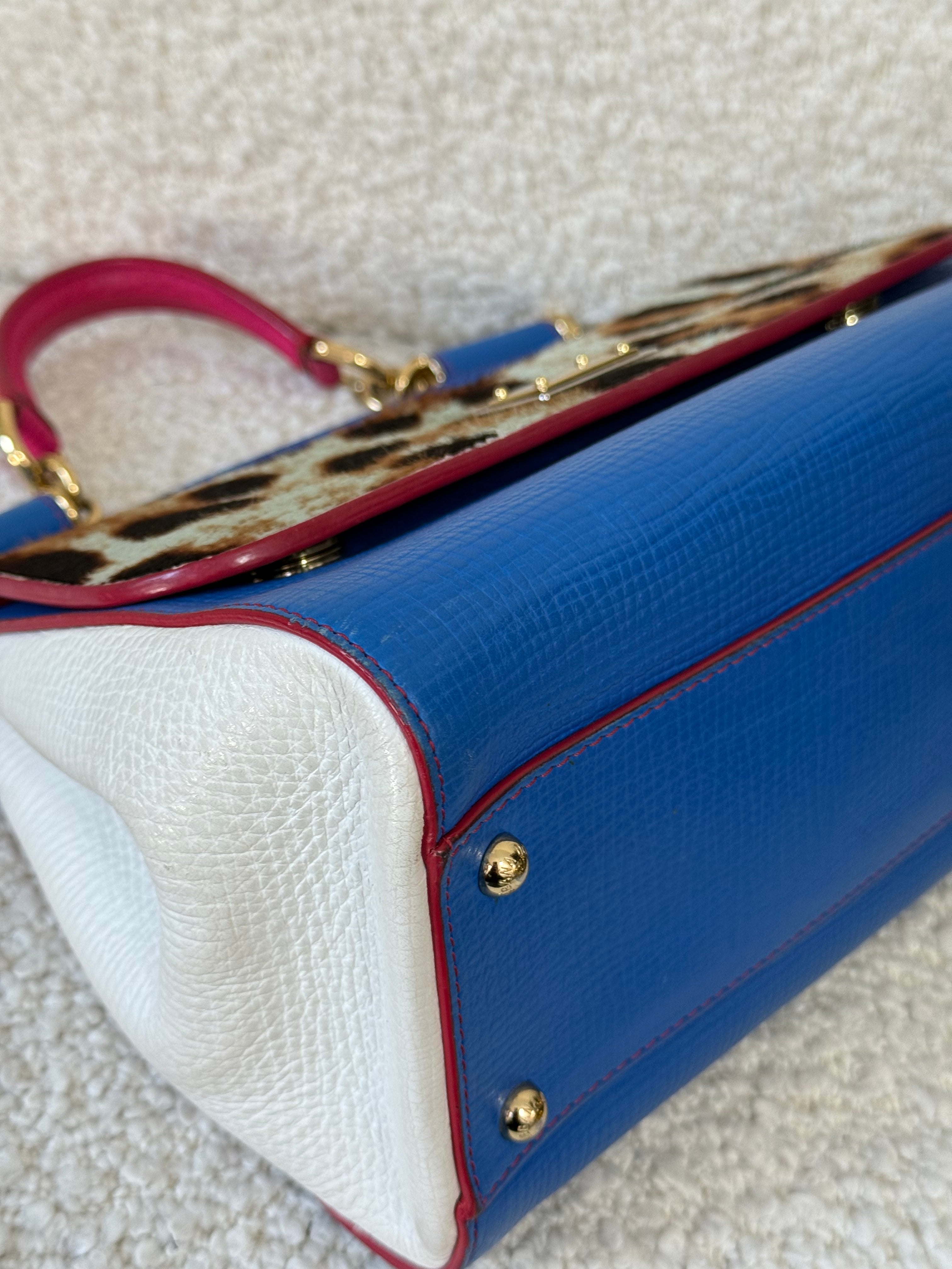 Dolce Gabbana Medium Miss Sicily Leopard Calf Hair Blue Leather Top Handle