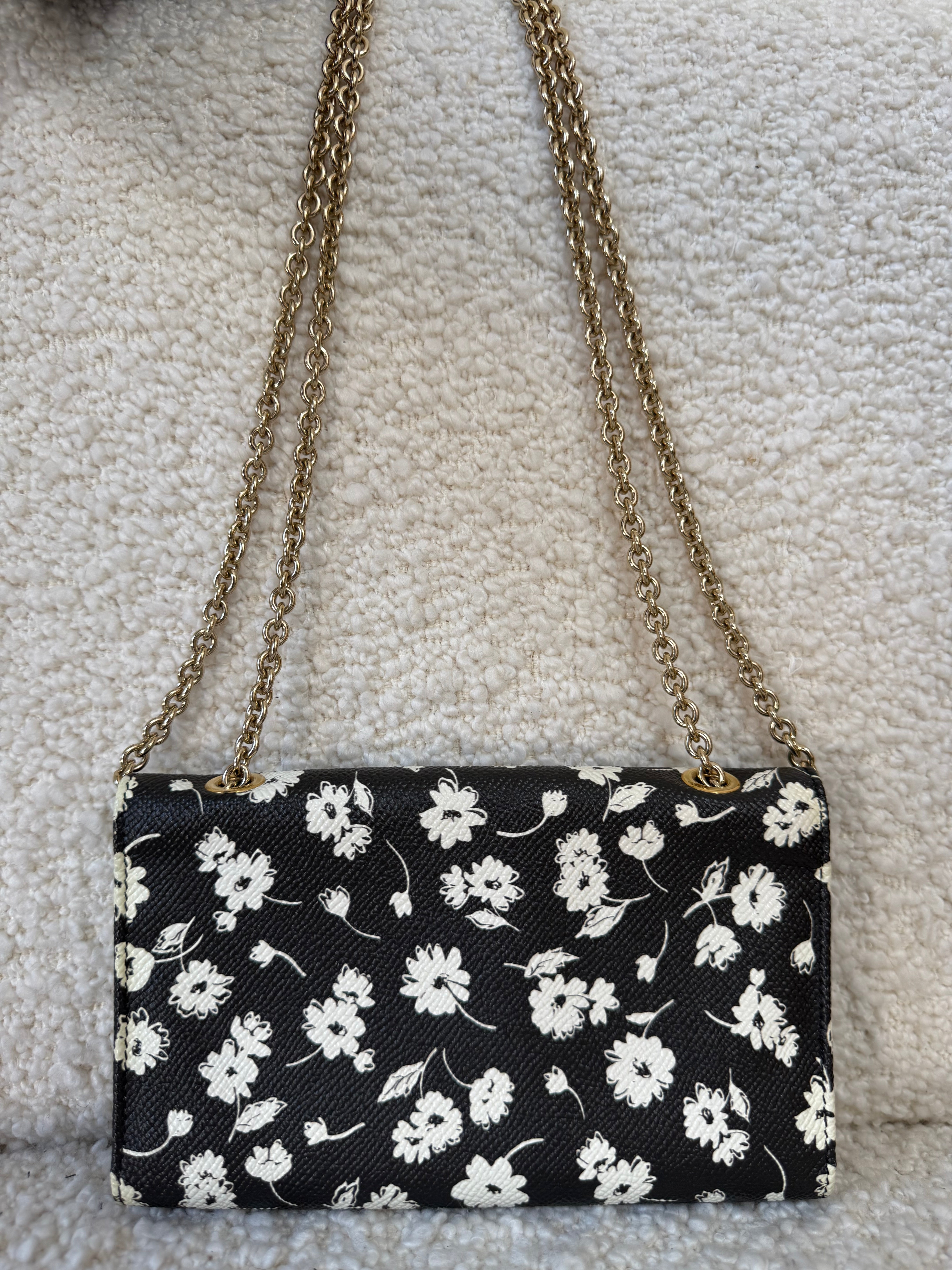 Dolce Gabbana Black/White Leather Floral Print Wallet on Chain