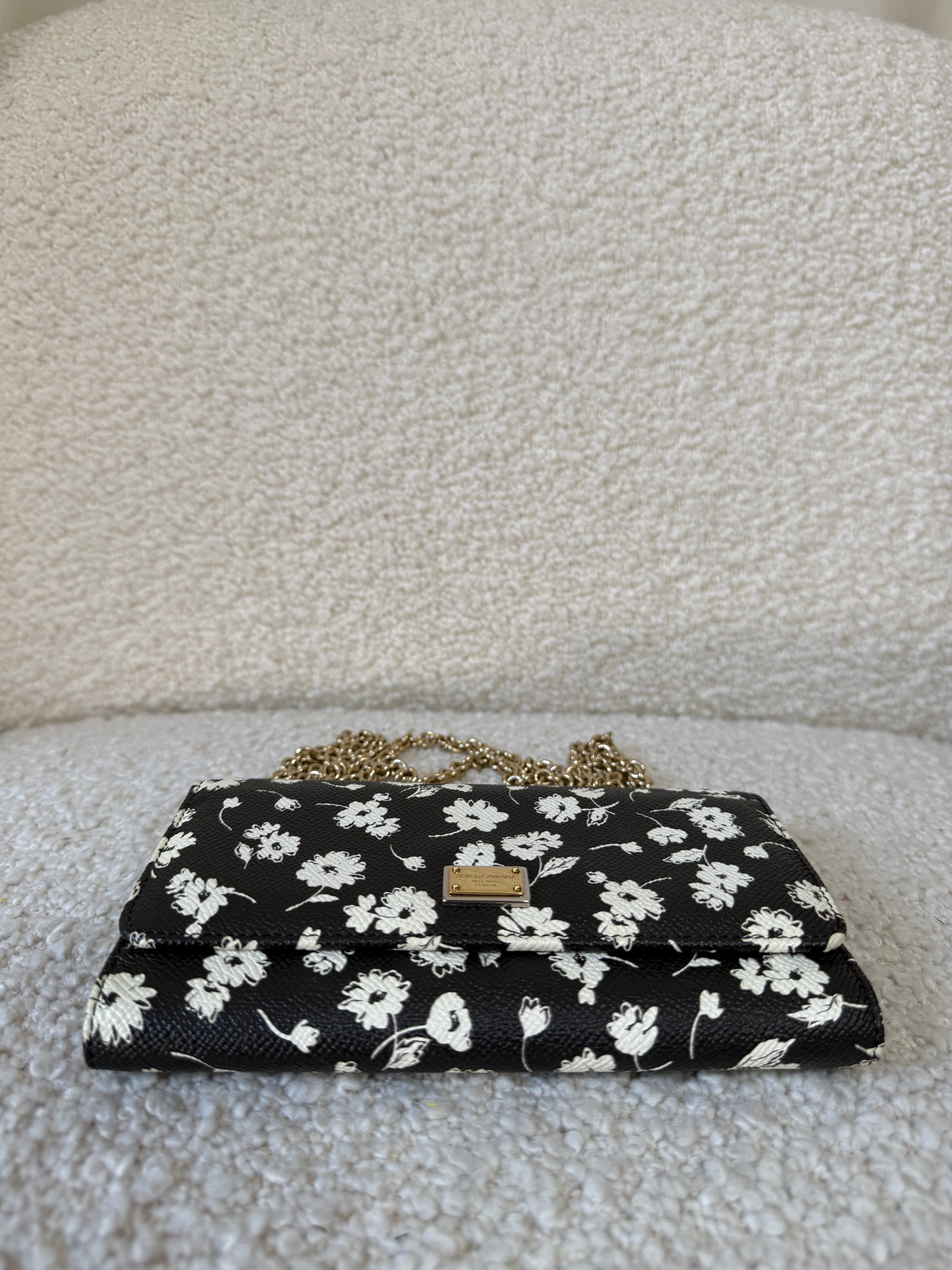 Dolce Gabbana Black/White Leather Floral Print Wallet on Chain
