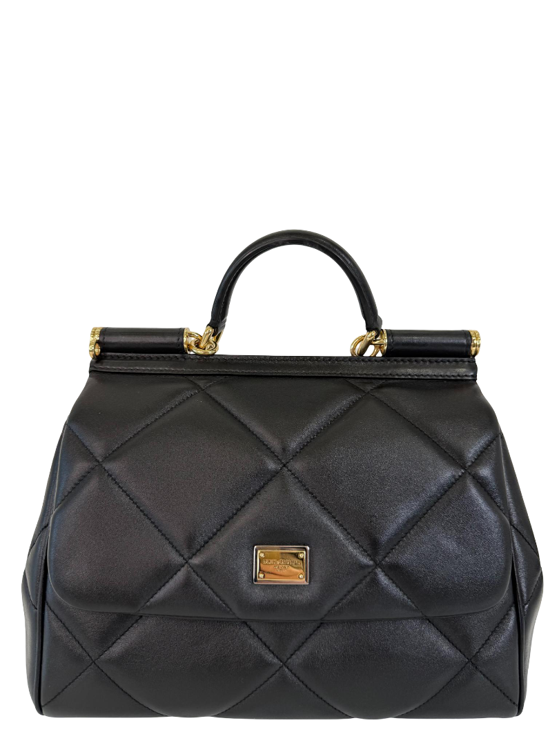 Dolce Gabbana Medium Miss Sicily Aria Black Calfskin Matelassé Top Handle Bag