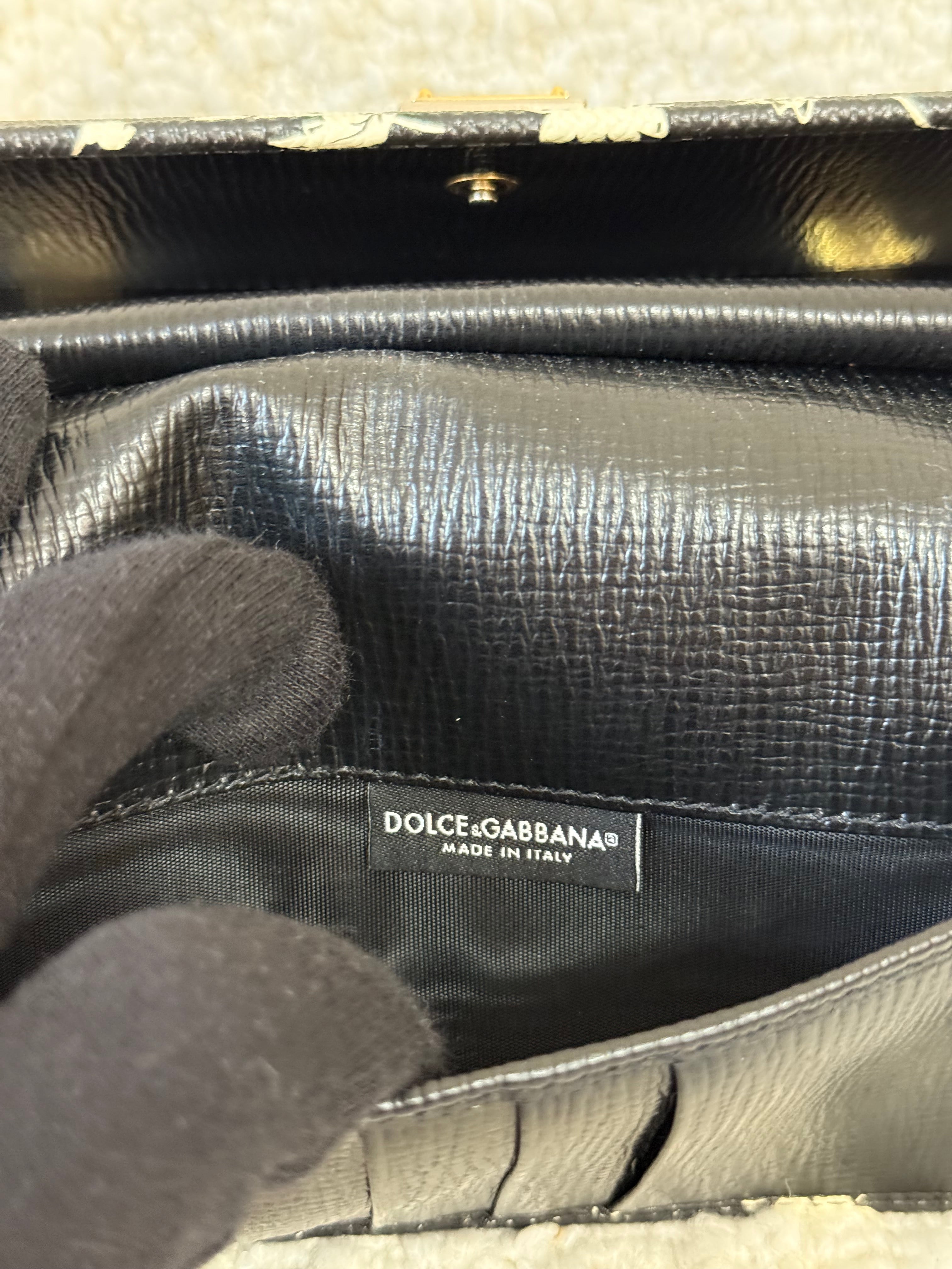 Dolce Gabbana Black/White Leather Floral Print Wallet on Chain