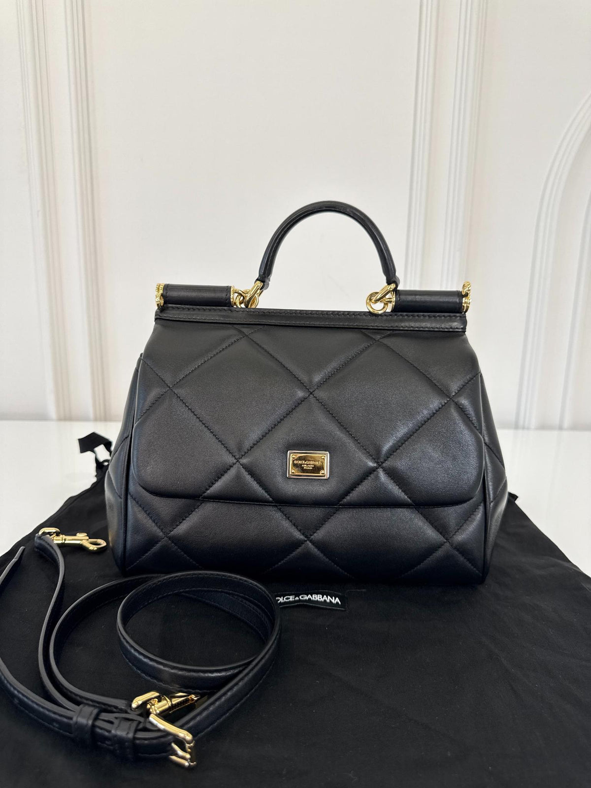 Dolce Gabbana Medium Miss Sicily Aria Black Calfskin Matelassé Top Handle Bag