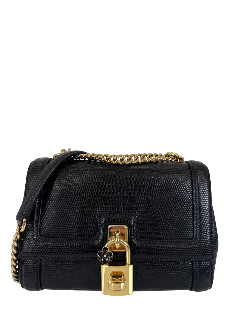 Dolce Gabbana Black Iguana Leather Padlock Shoulder Bag