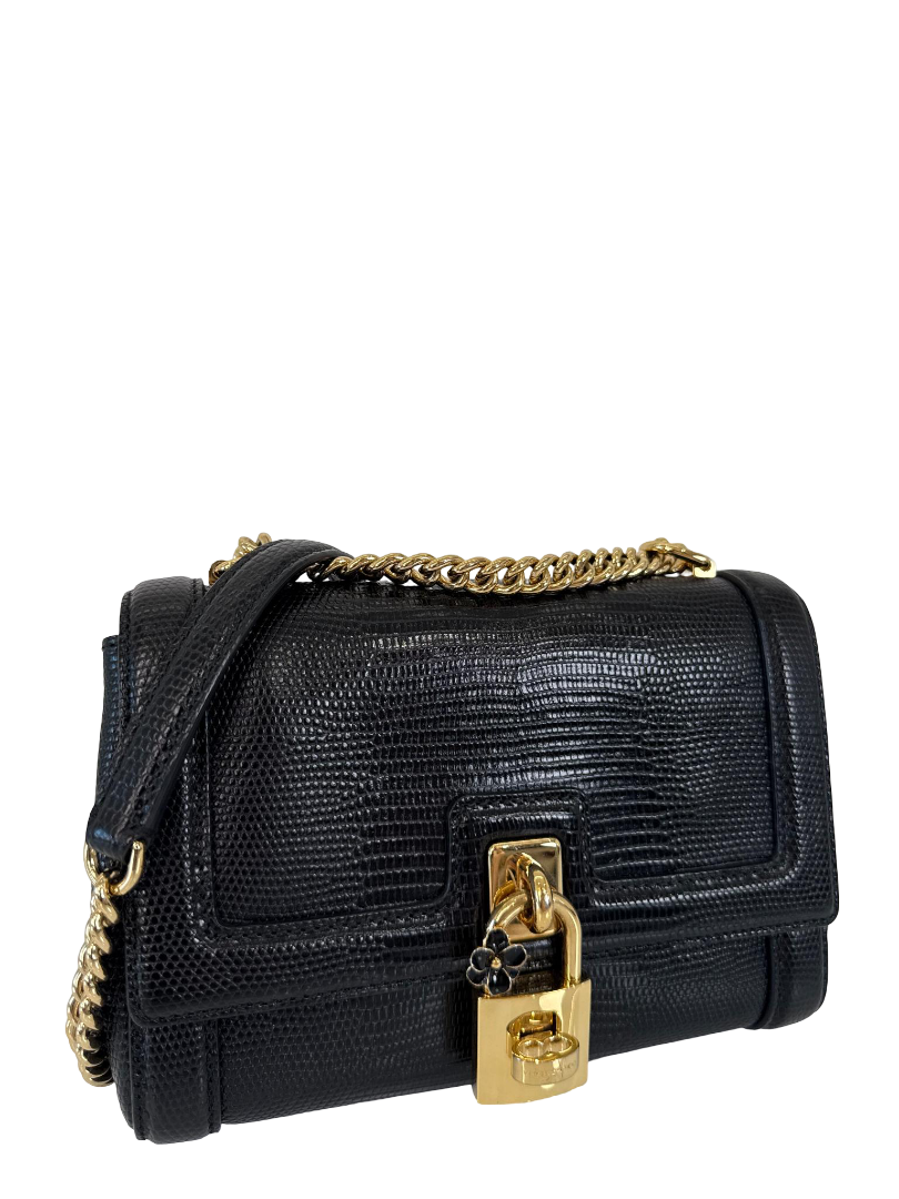 Dolce Gabbana Black Iguana Leather Padlock Shoulder Bag