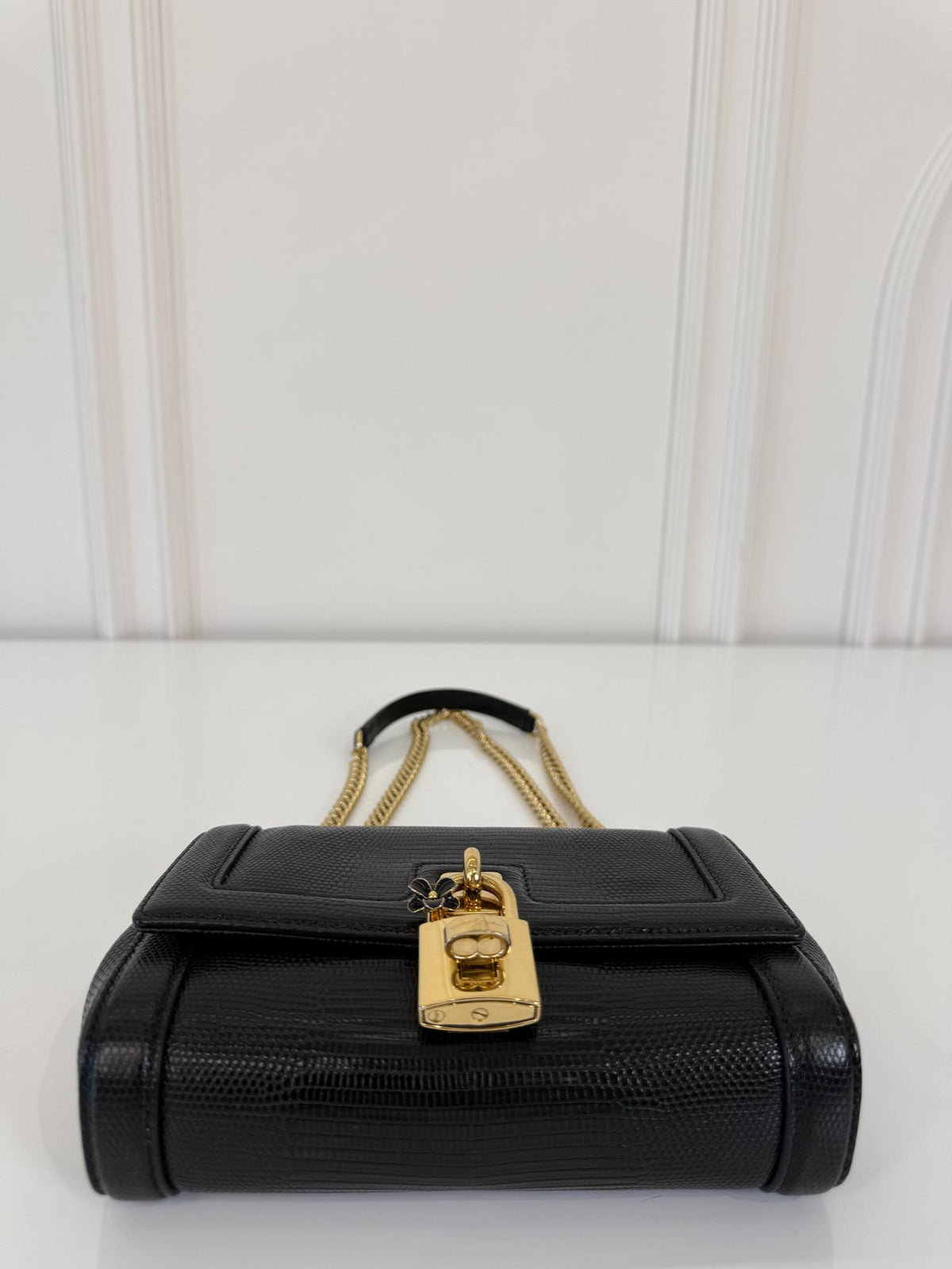 Dolce Gabbana Black Iguana Leather Padlock Shoulder Bag