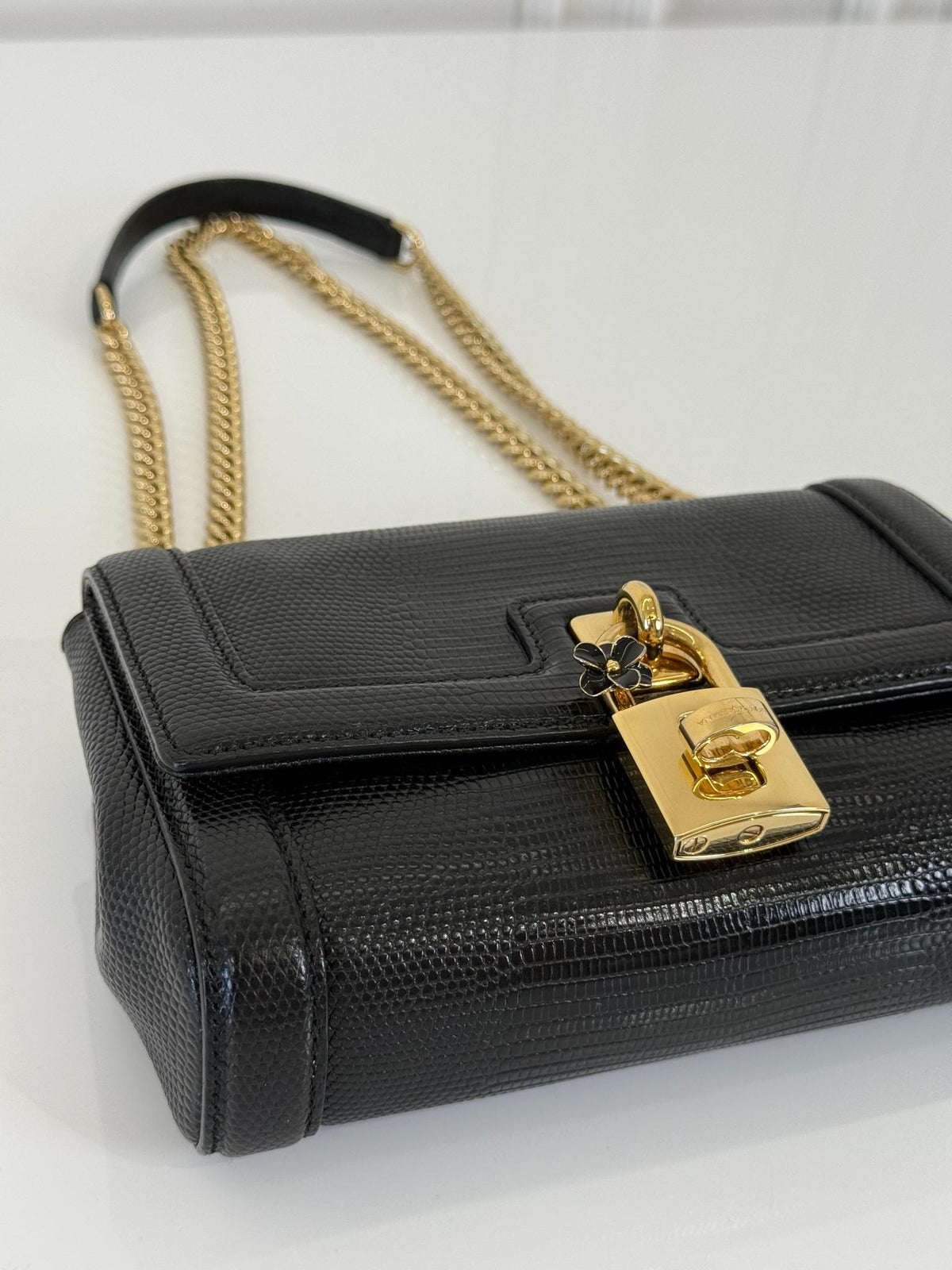Dolce Gabbana Black Iguana Leather Padlock Shoulder Bag