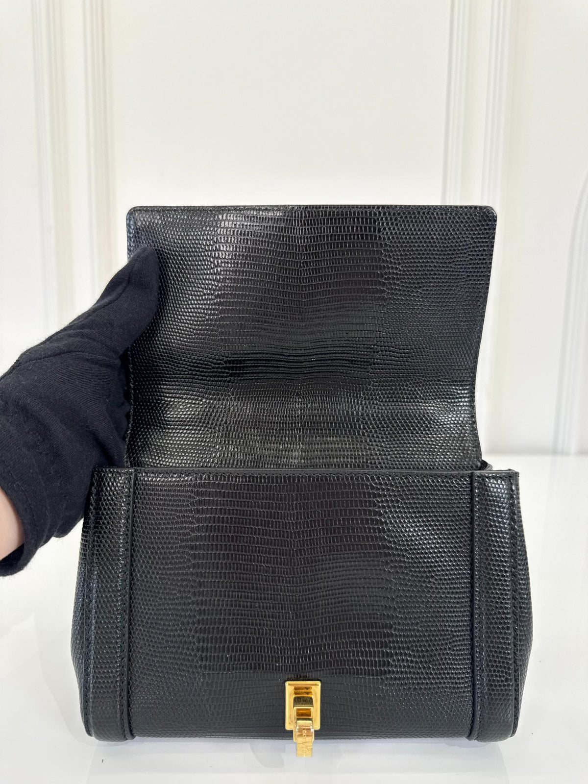 Dolce Gabbana Black Iguana Leather Padlock Shoulder Bag