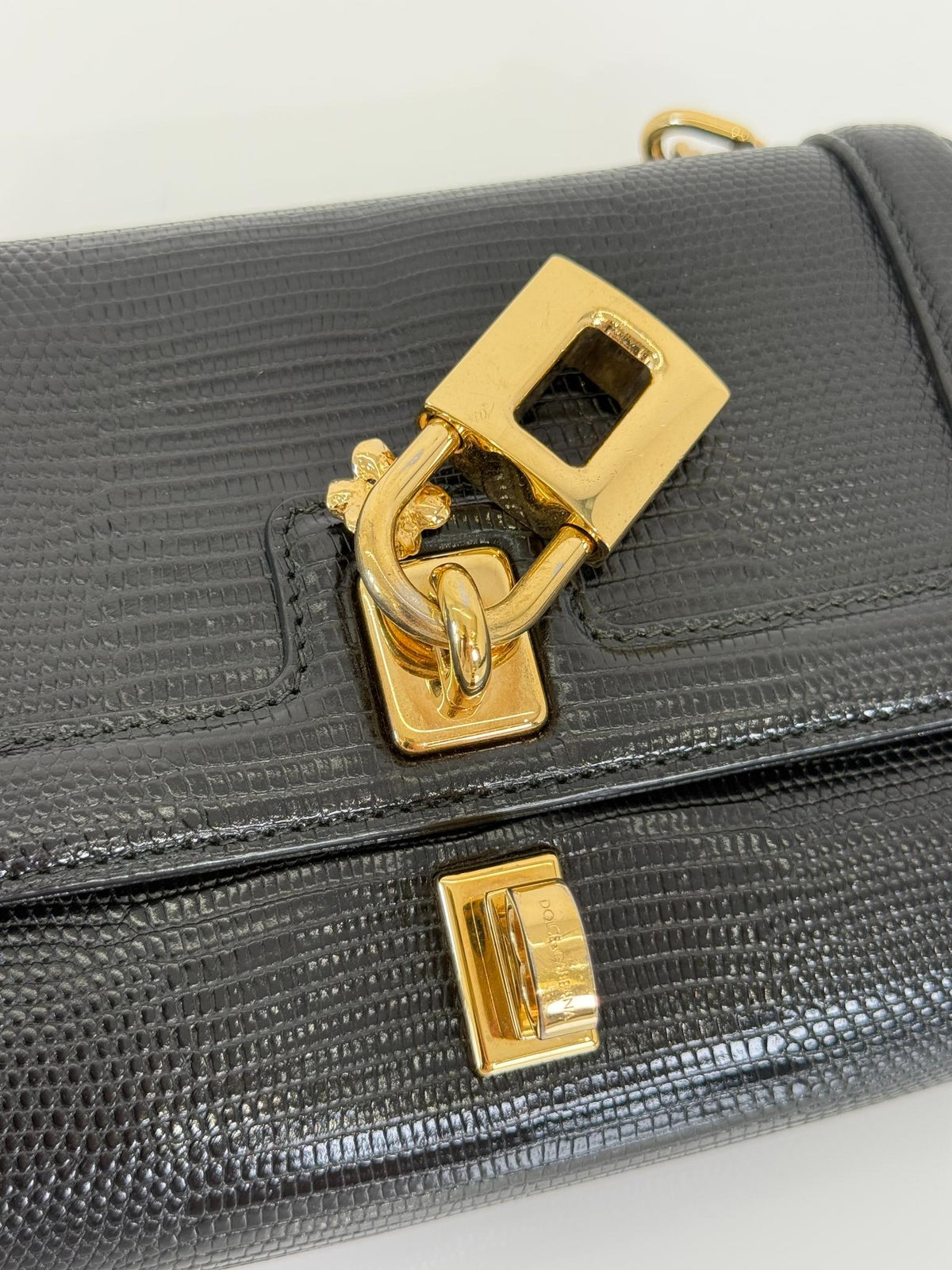 Dolce Gabbana Black Iguana Leather Padlock Shoulder Bag