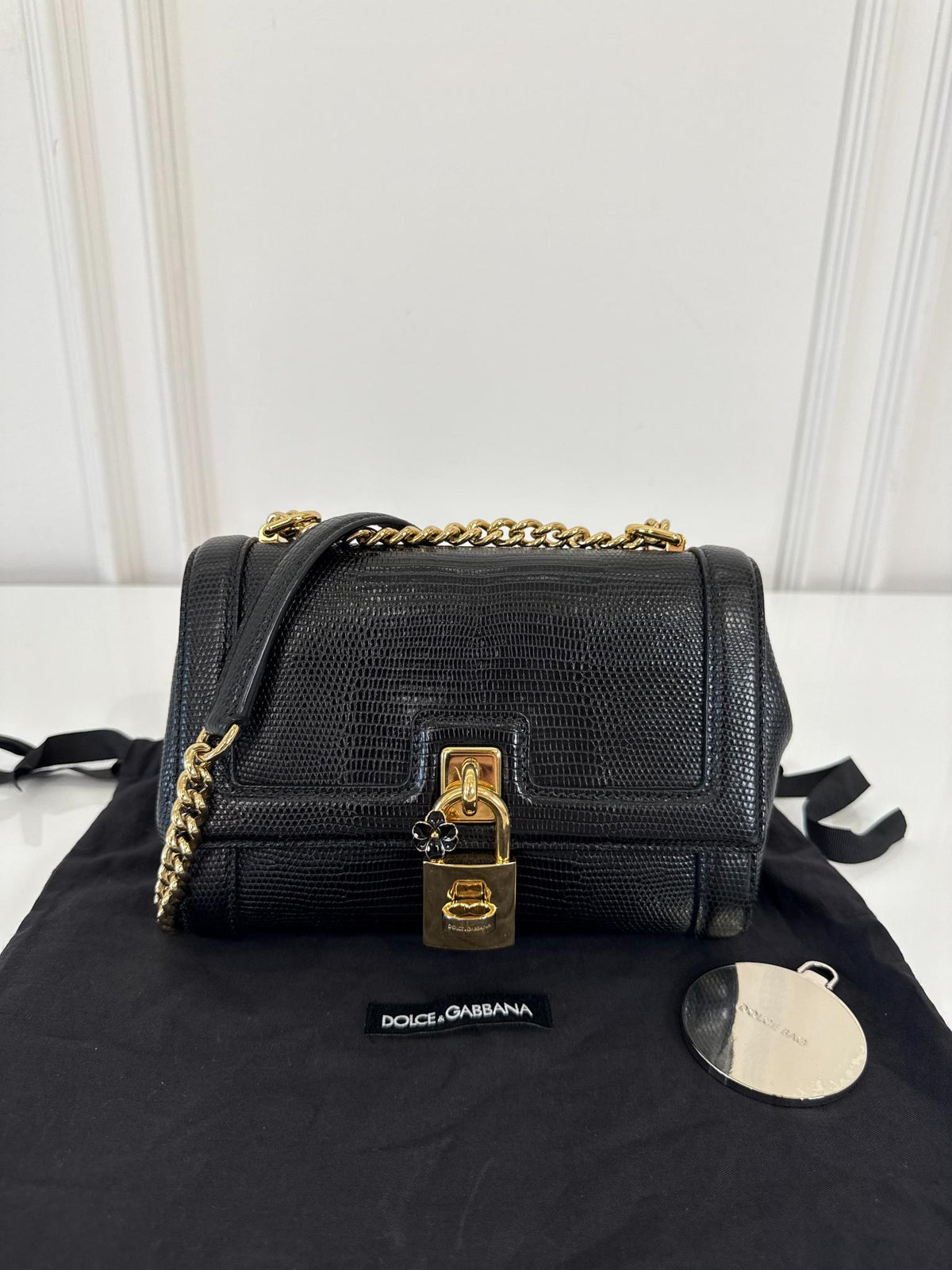 Dolce Gabbana Black Iguana Leather Padlock Shoulder Bag