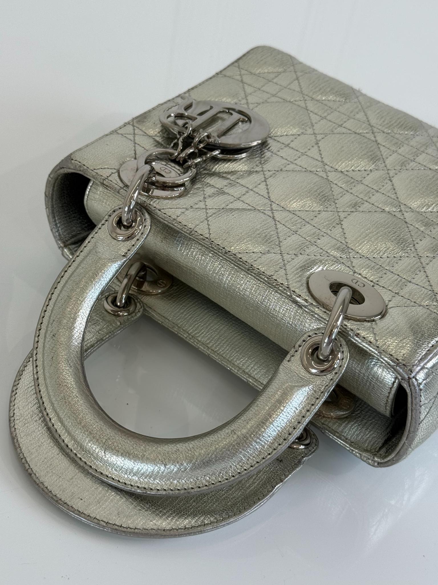 Christian Dior Silver Cannage Quilted Lambskin Leather Small Lady Dior Bag