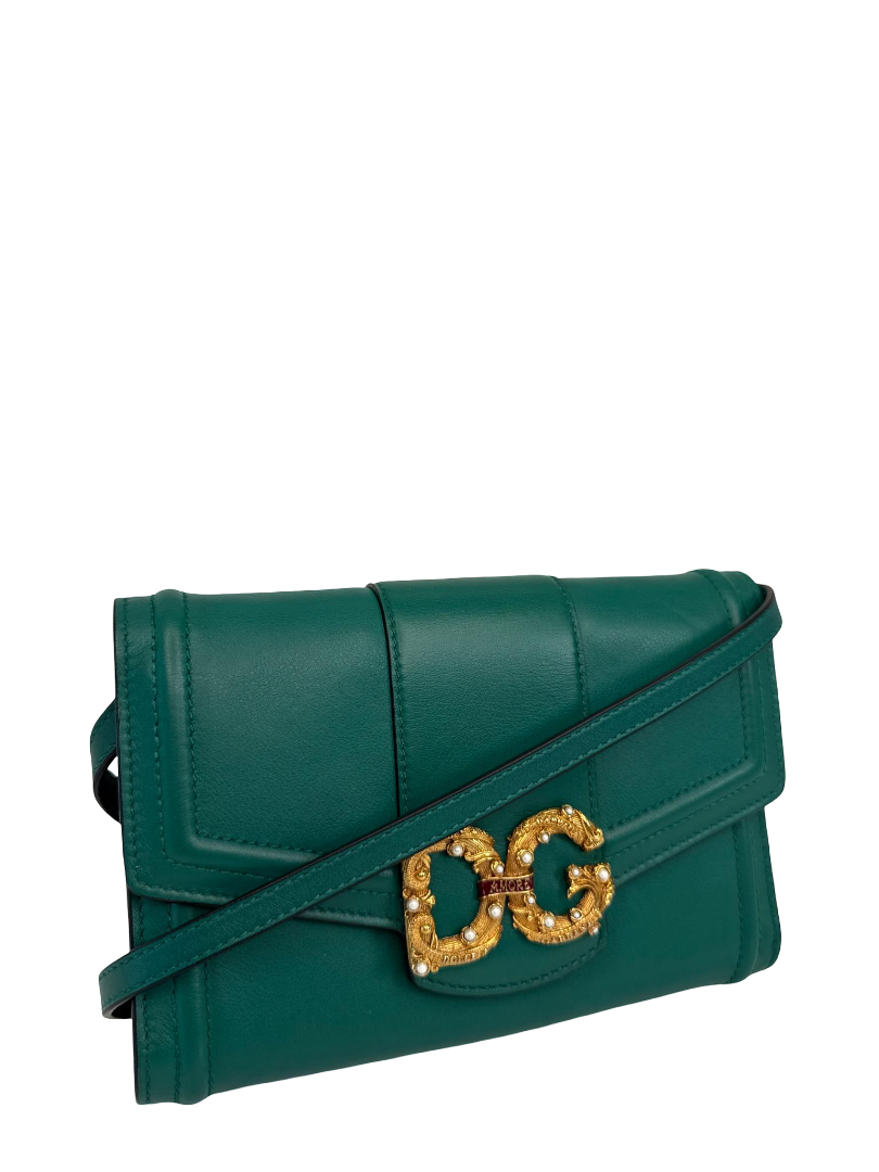 Dolce Gabbana DG Amore Green Calfskin Leather Wallet On Chain