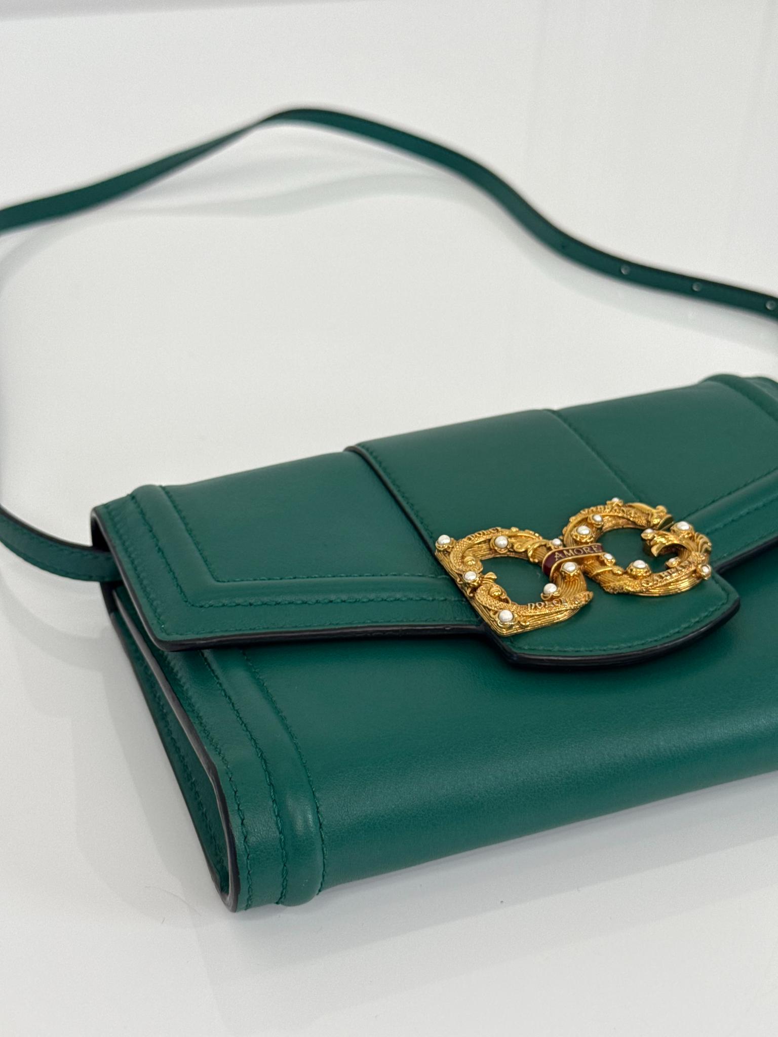 Dolce Gabbana DG Amore Green Calfskin Leather Wallet On Chain