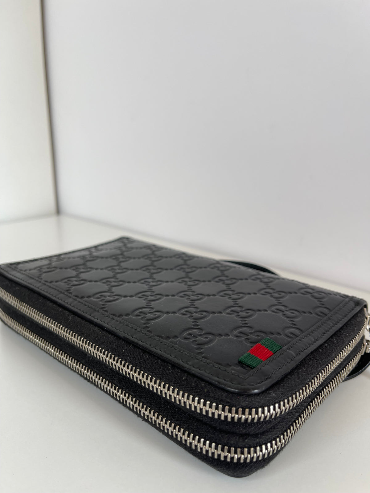 Gucci Black Guccissima Leather Zip Around Pouch