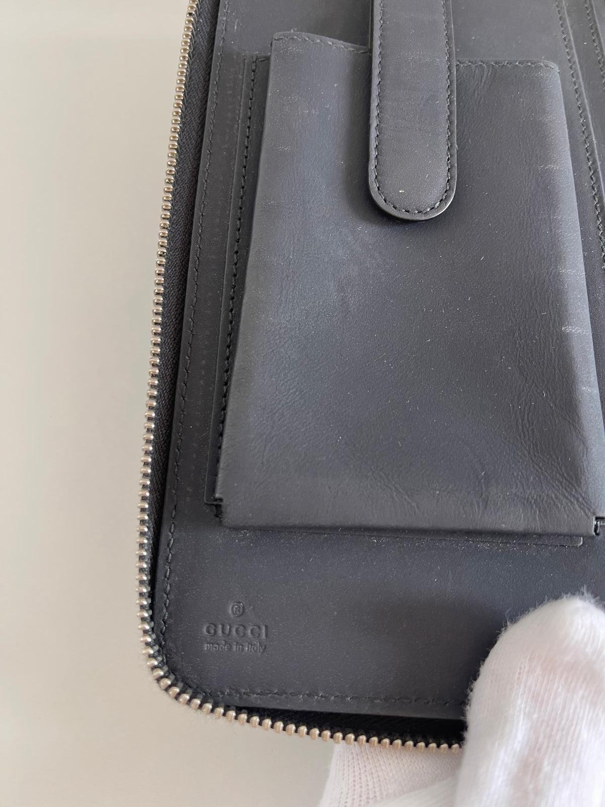 Gucci Black Guccissima Leather Zip Around Pouch