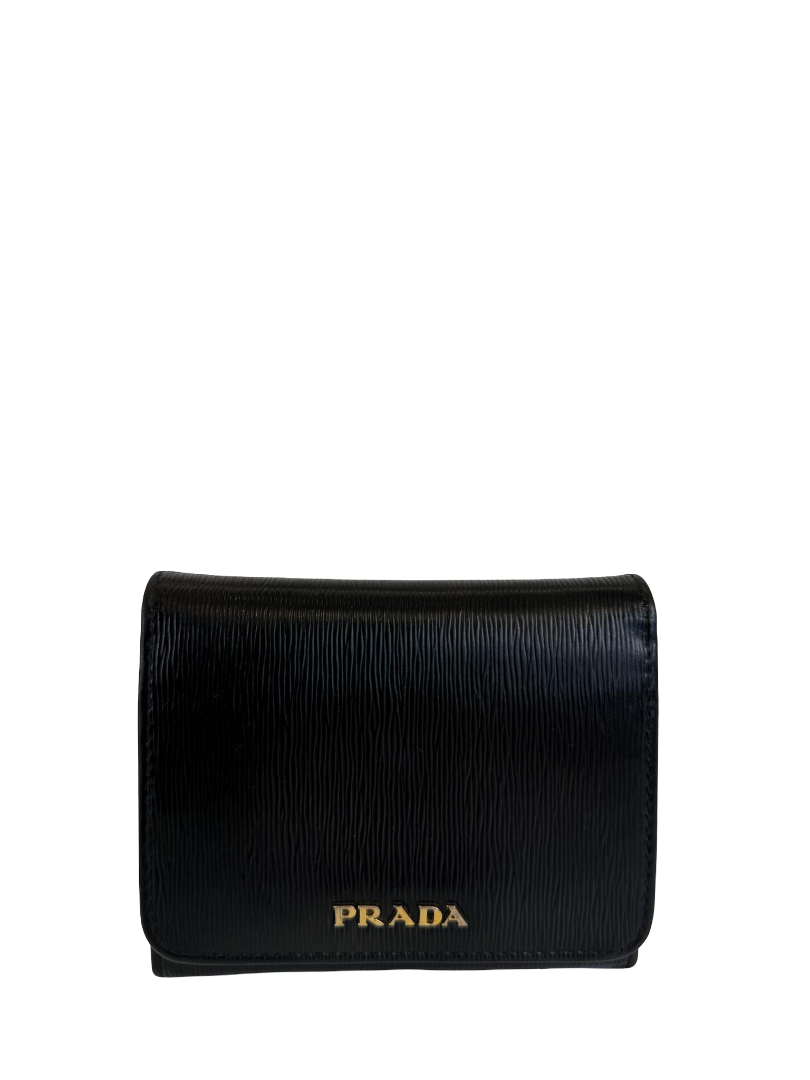 Prada Black Vitello Move Leather Logo Bifold Compact Wallet