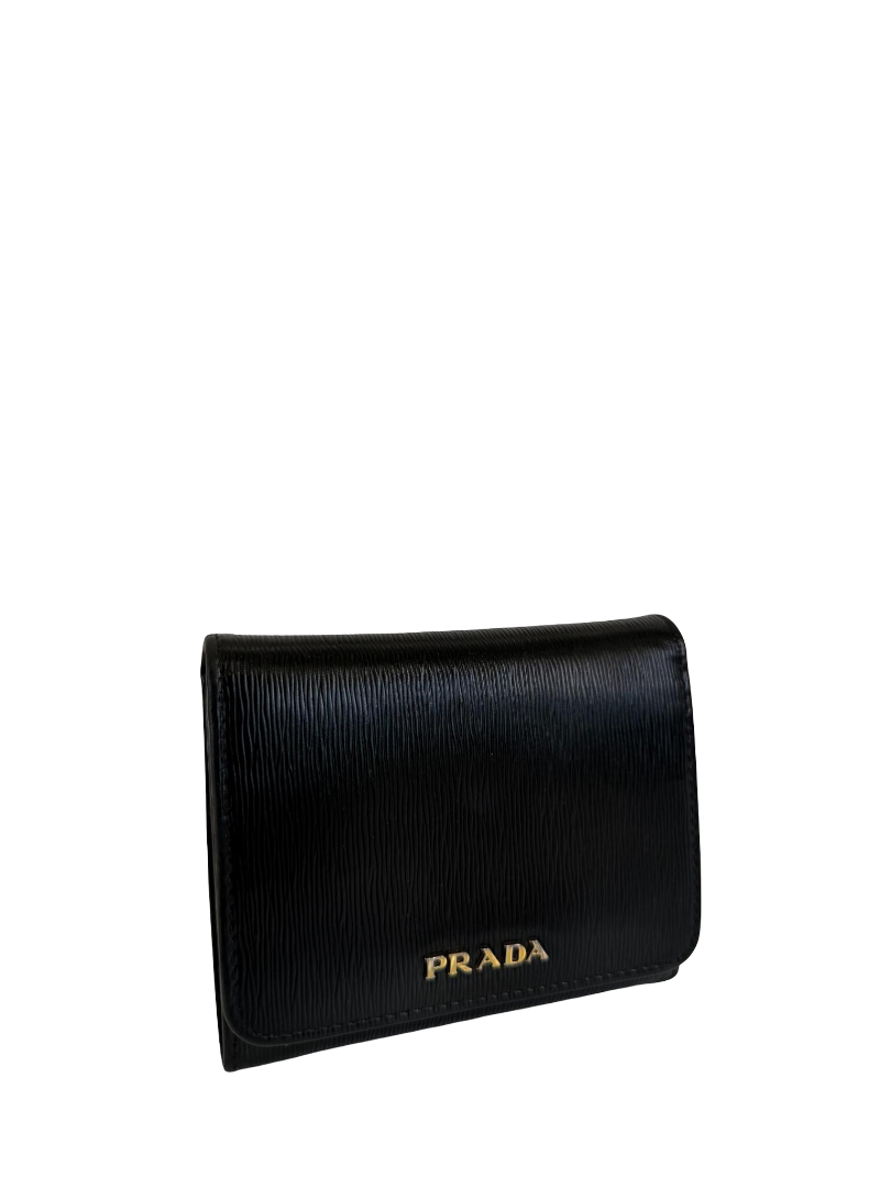 Prada Black Vitello Move Leather Logo Bifold Compact Wallet