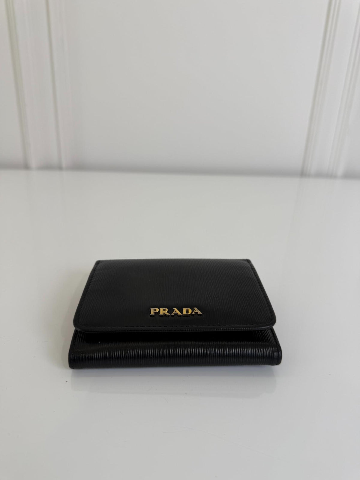 Prada Black Vitello Move Leather Logo Bifold Compact Wallet